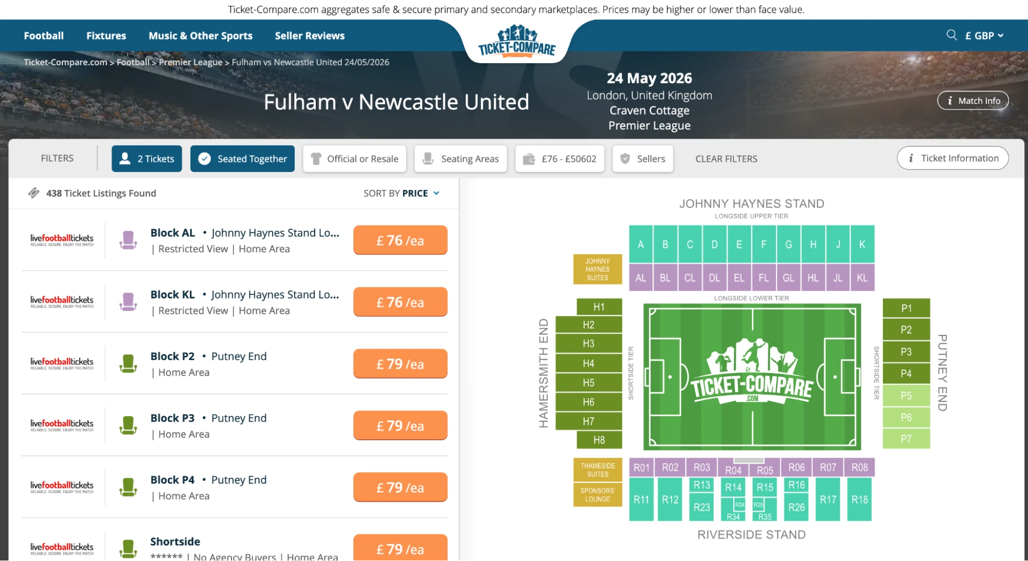Screenshot van Fulham v Newcastle United tickets pagina