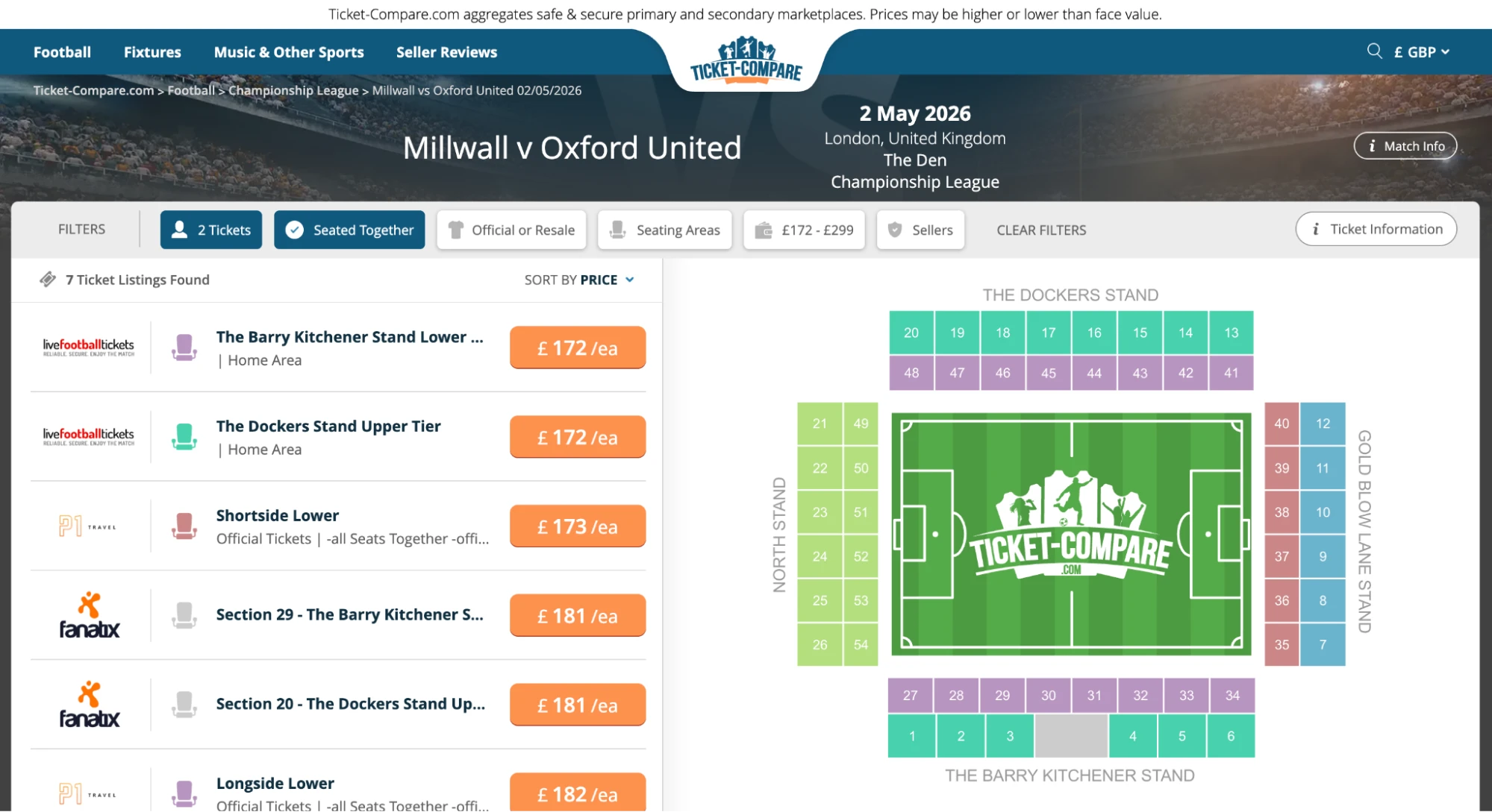 Screenshot Millwall v Oxford United kaarten