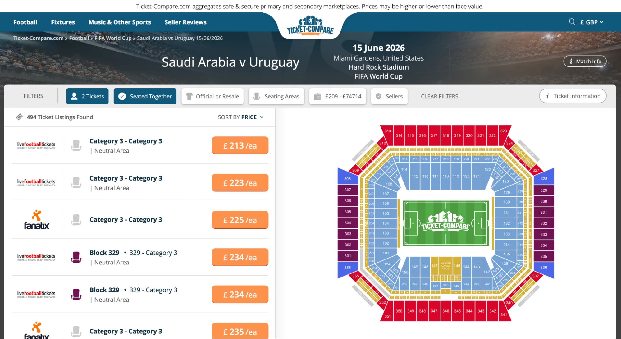 Screenshot van Saudi-Arabië v Uruguay kaarten pagina op Ticket-Compare
