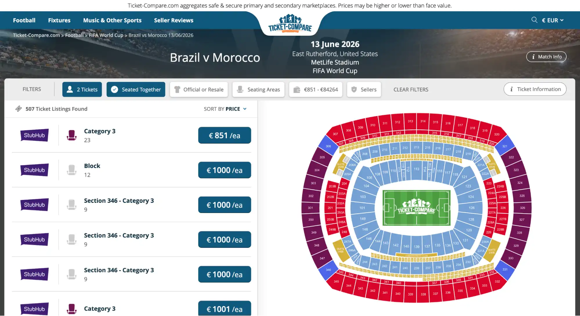 screenshot of Brazil vs Morocco match tickets page on ticket-compare.com