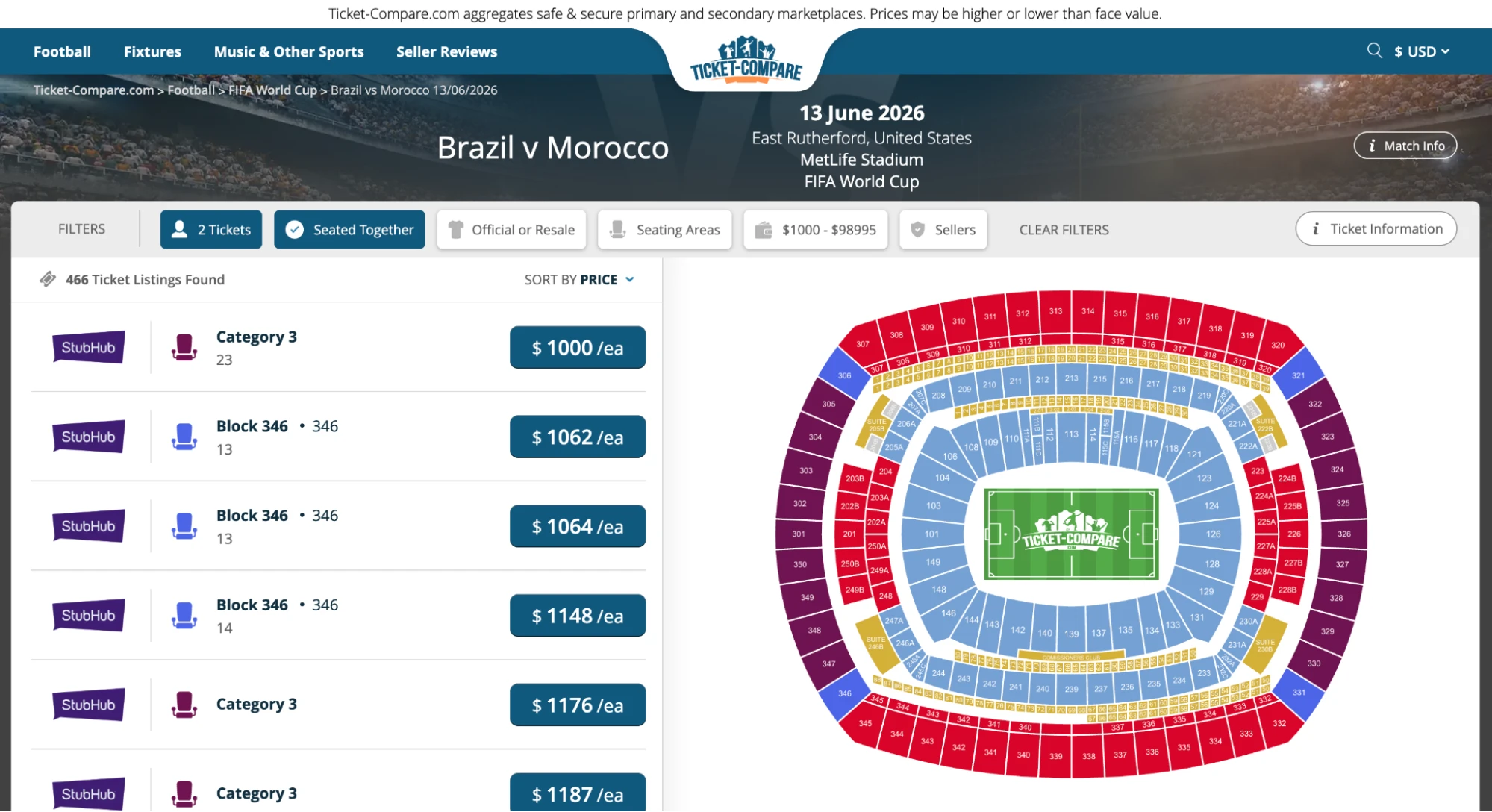screenshot van Brazilie vs Marokko ticketpagina