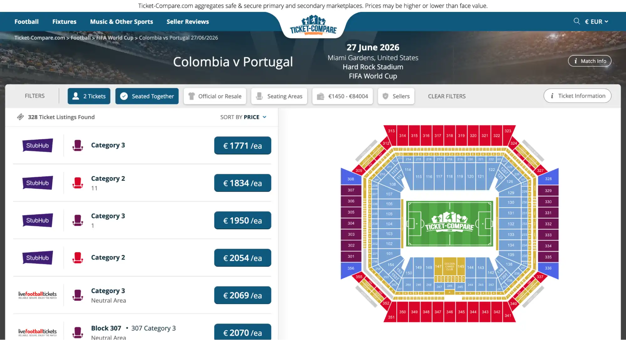screenshot van Colombia vs Portugal kaarten