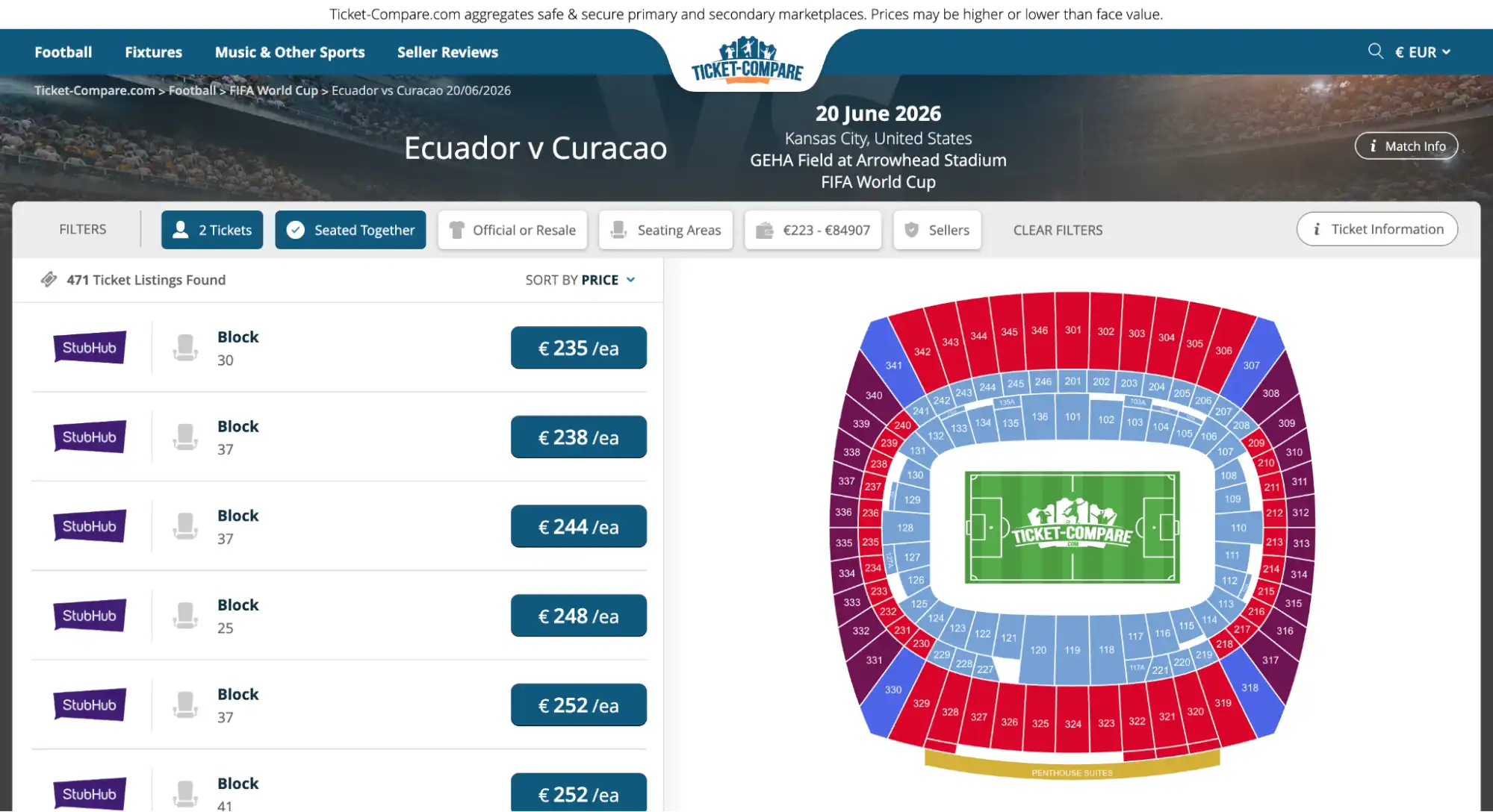 screenshot van Ecuador vs Curacao match tickets