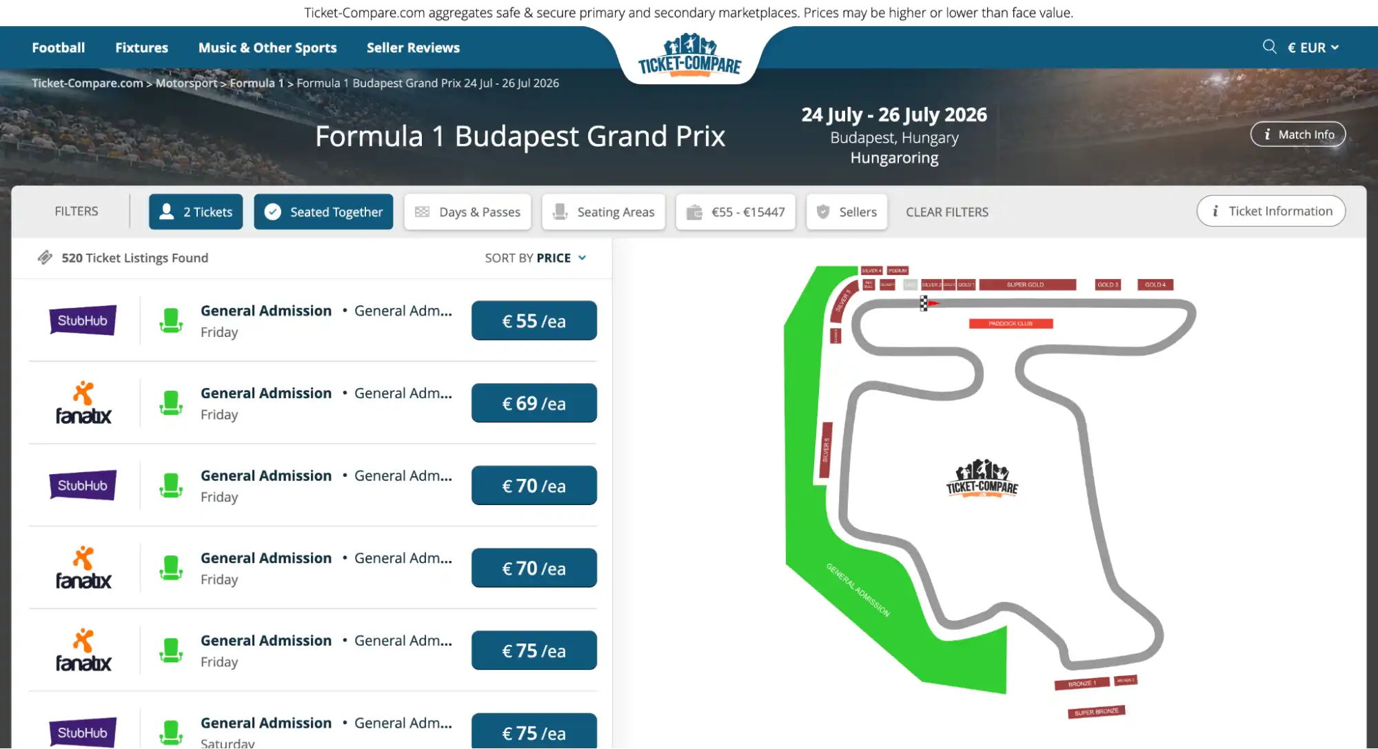screenshot van Formule 1 Budapest Grand Prix tickets