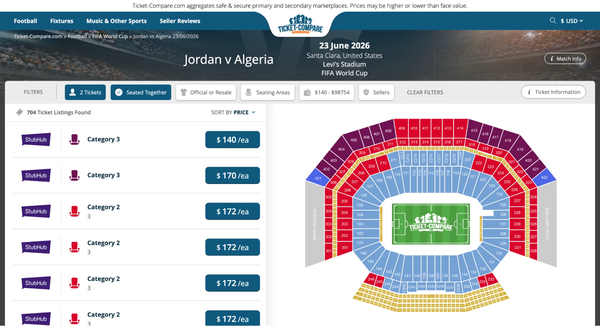 Schermafbeelding van de Jordan vs Algerije kaarten pagina
