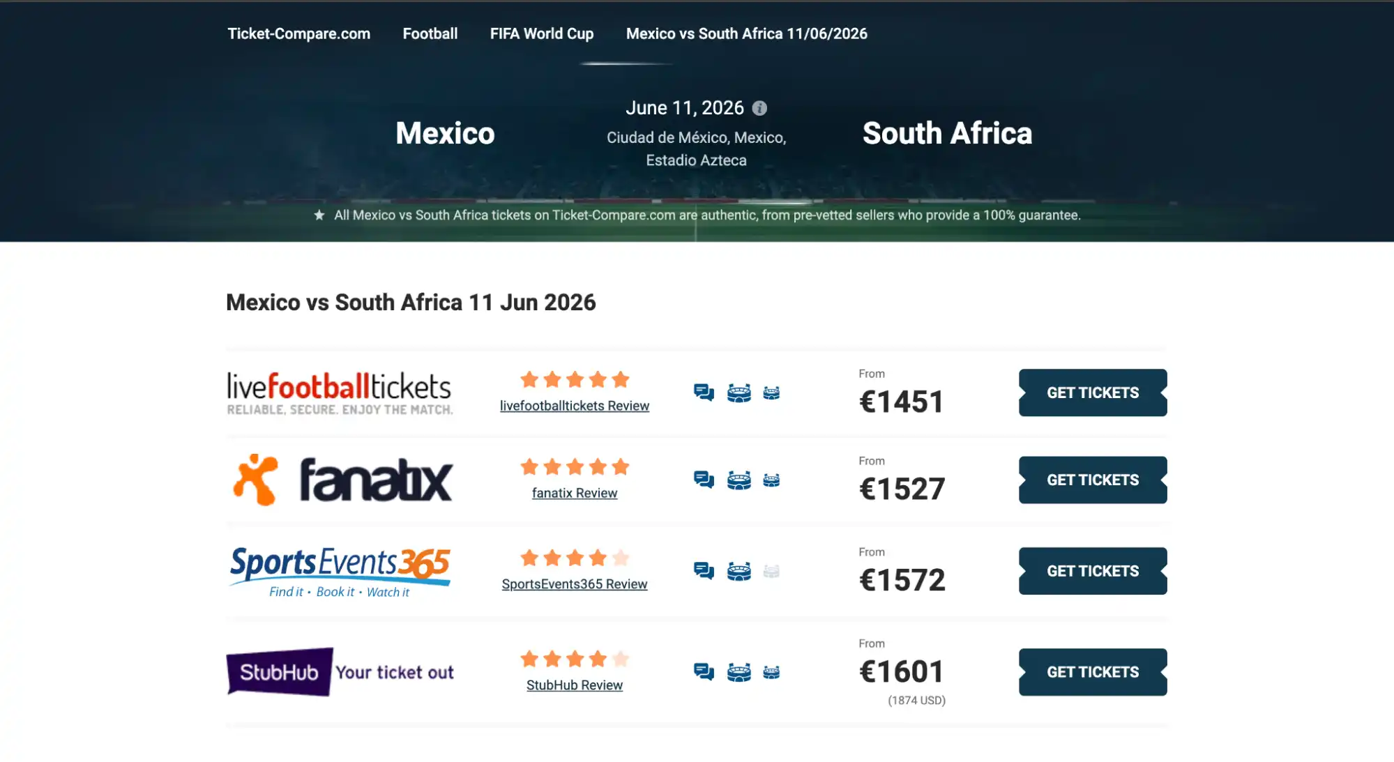 screenshot van Mexico vs Zuid-Afrika kaarten pagina