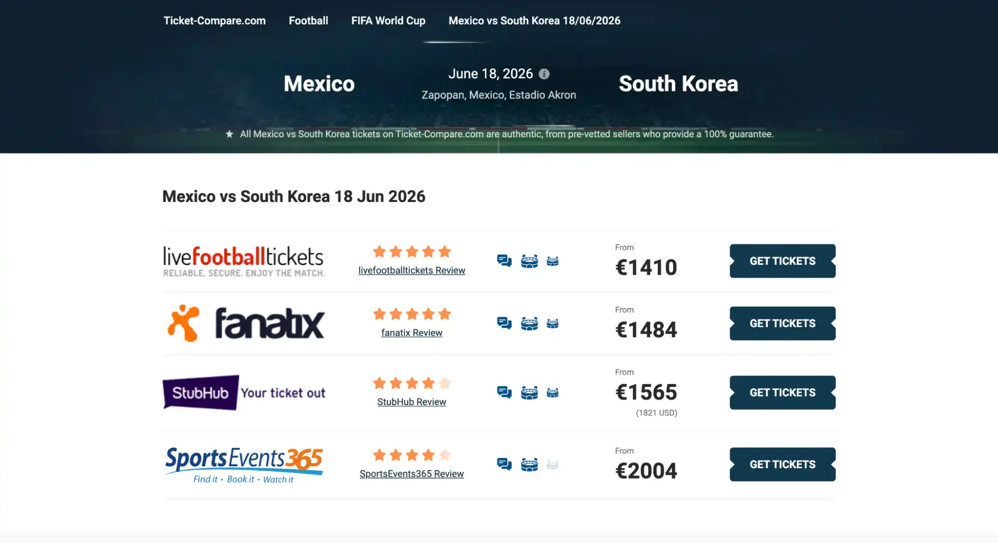 screenshot Mexico vs South Korea tickets pagina