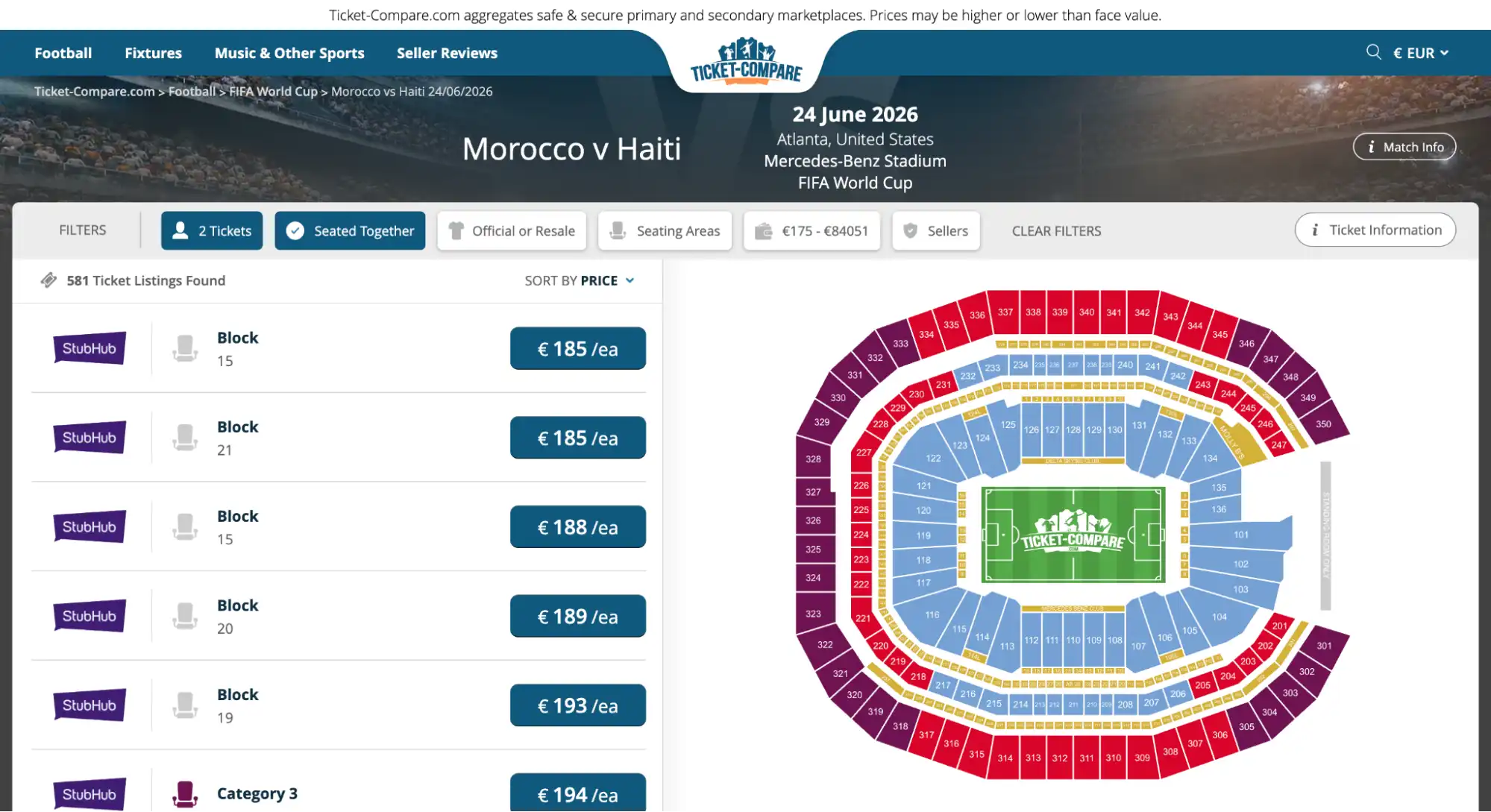 screenshot van Marokko vs Haïti tickets pagina op ticket-compare.com
