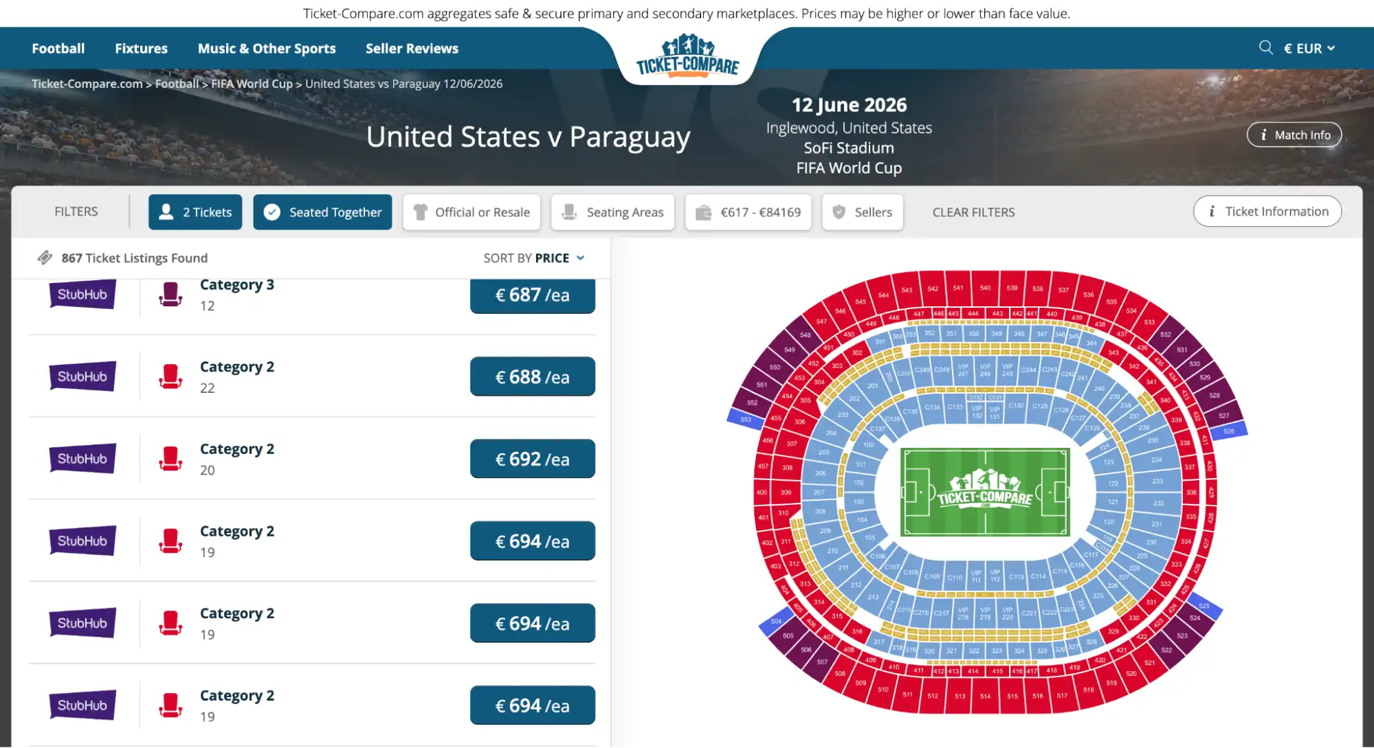 screenshot of United States vs Paraguay match tickets page on ticket-compare.com