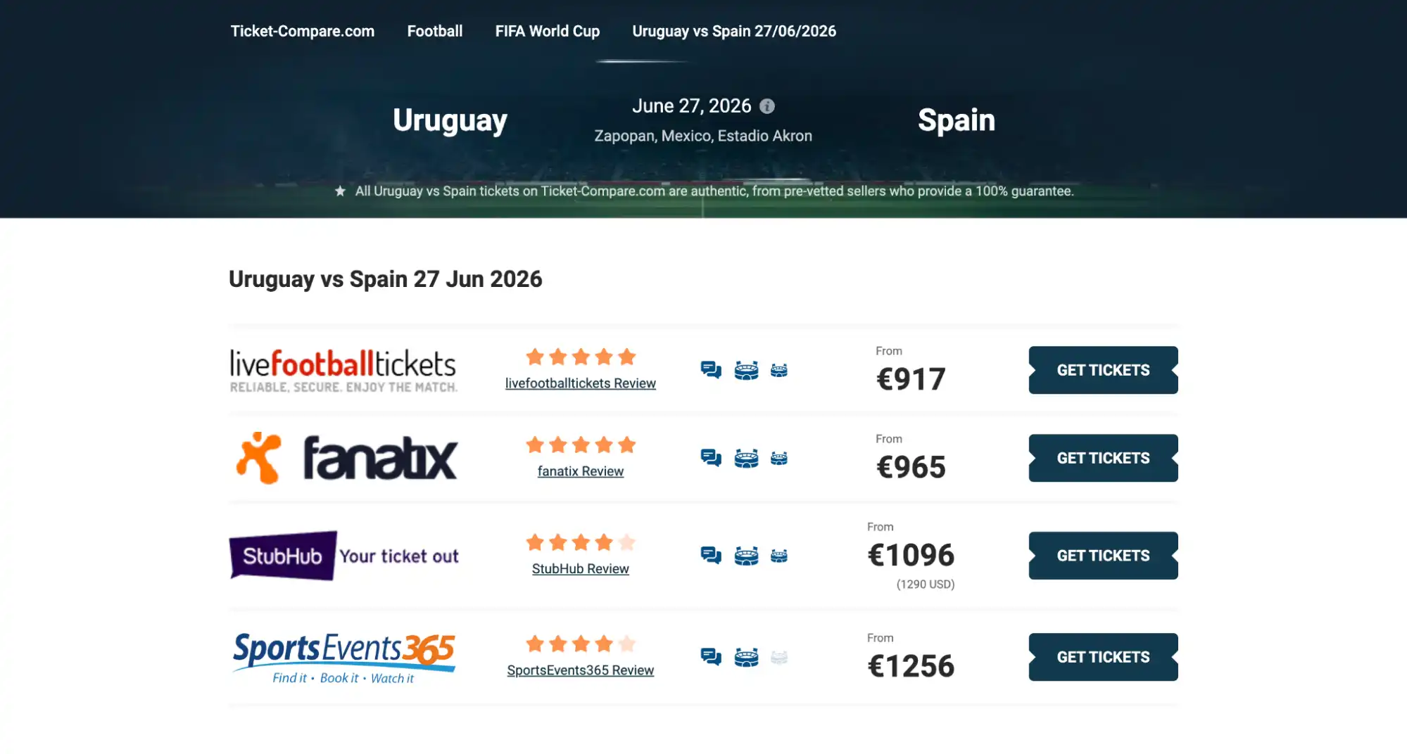 screenshot van Uruguay vs Spanje matchtickets