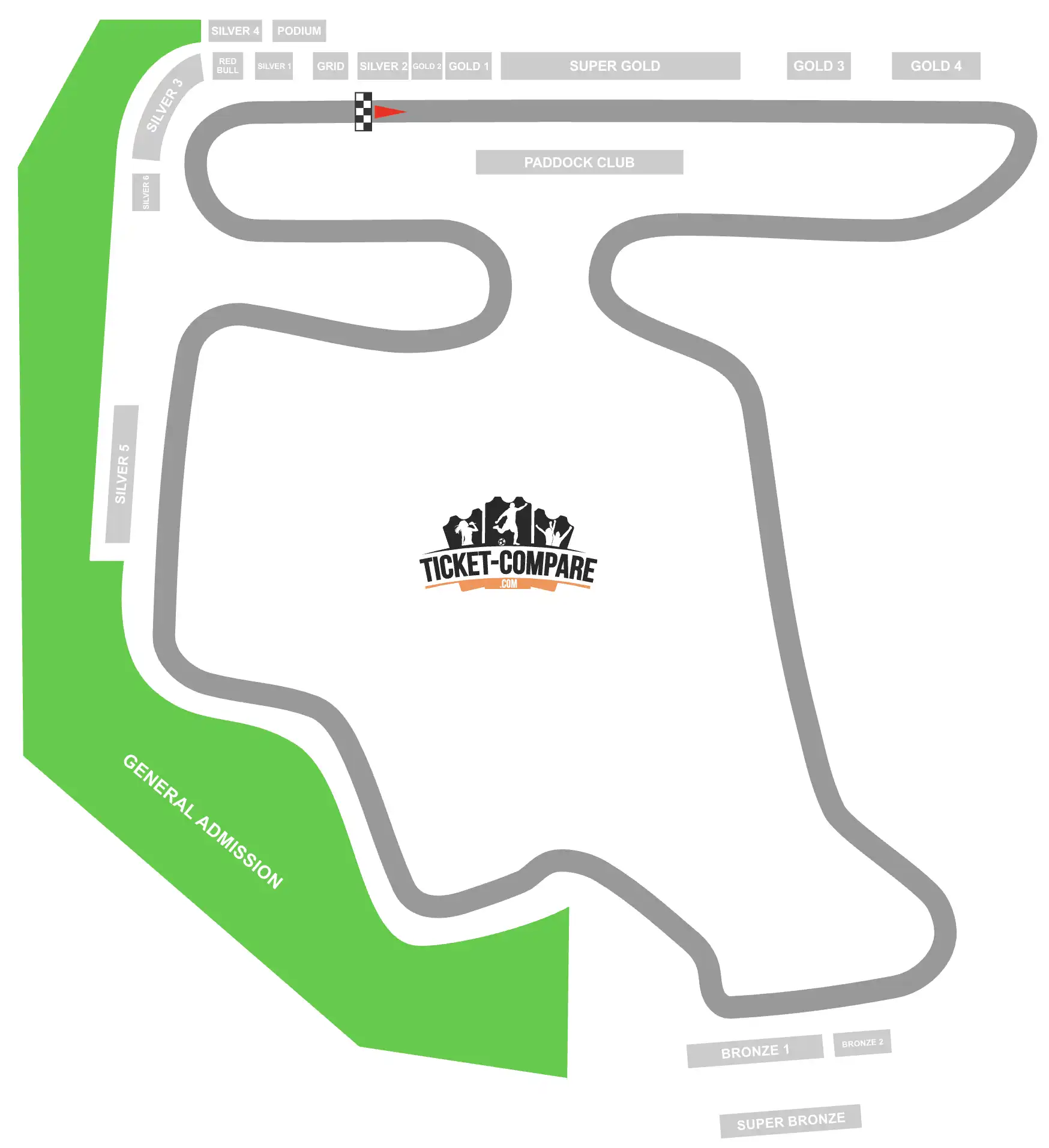 Screenshot van Hungaroring-zitplan met General Admission aangeduid