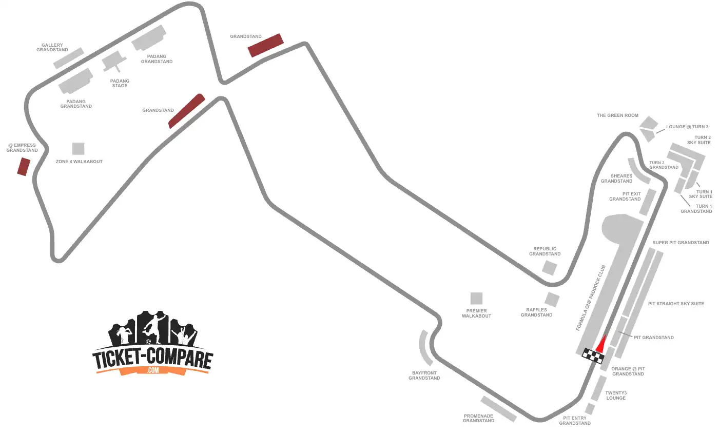 Screenshot van Marina Bay Seating plan met Connaught, Stamford en Empress Grandstands gemarkeerd