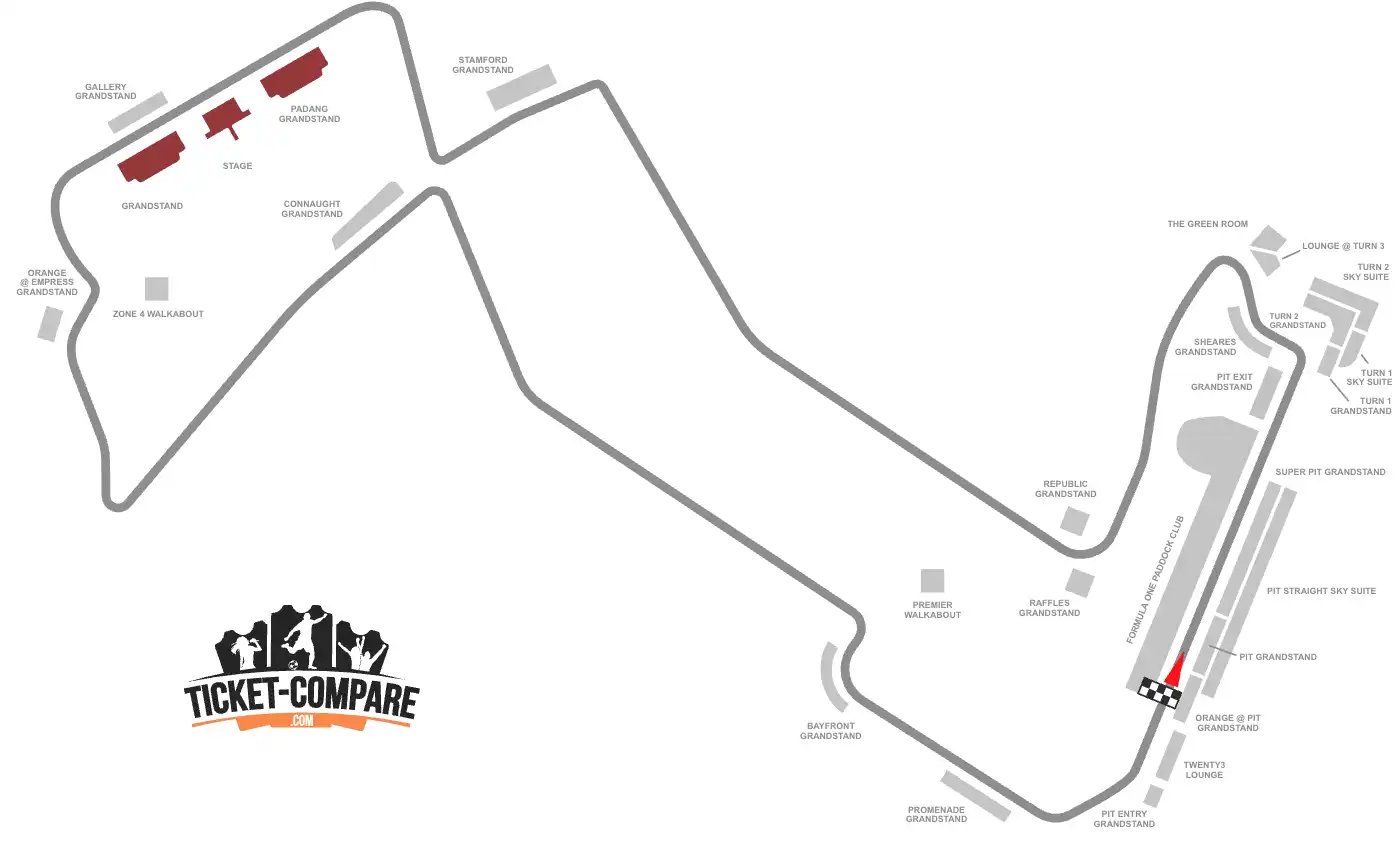 Screenshot van Marina Bay Seating plan met Padang Grandstands gemarkeerd