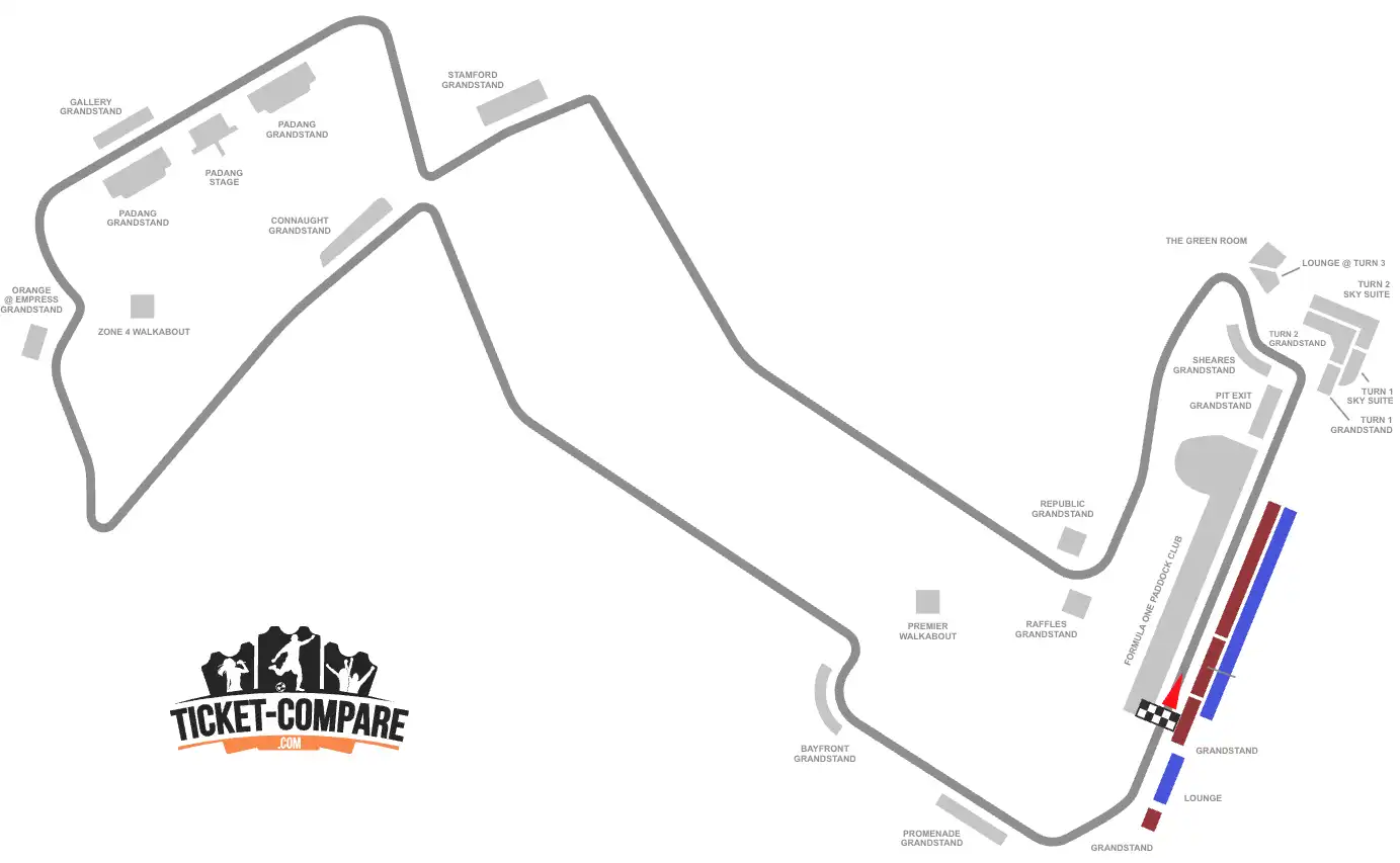 Screenshot van Marina Bay Seating plan met Pit en Super Pit Grandstands gemarkeerd