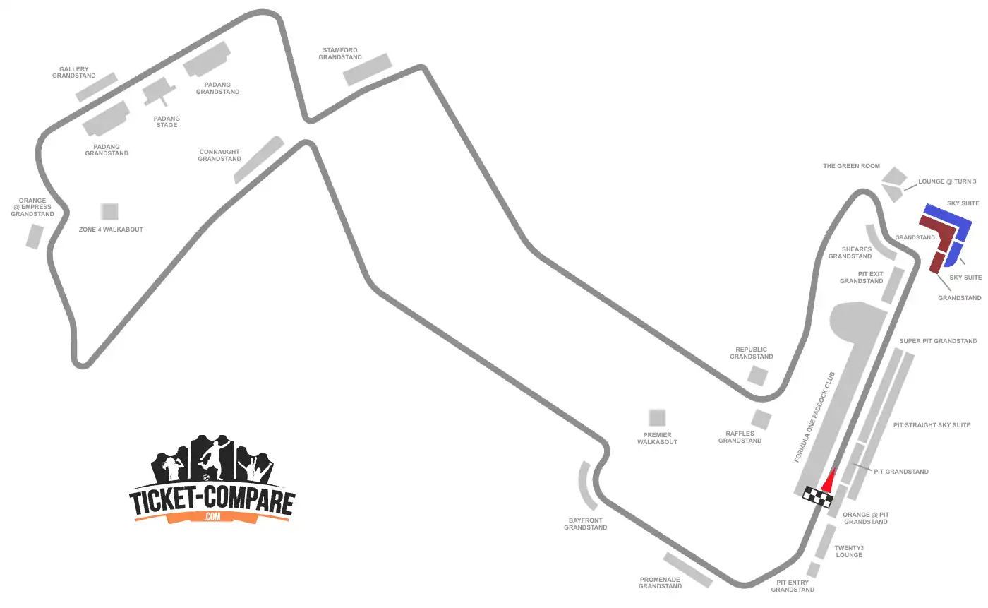 Screenshot van Marina Bay Seating plan met Turn 1 en Turn 2 Grandstands gemarkeerd