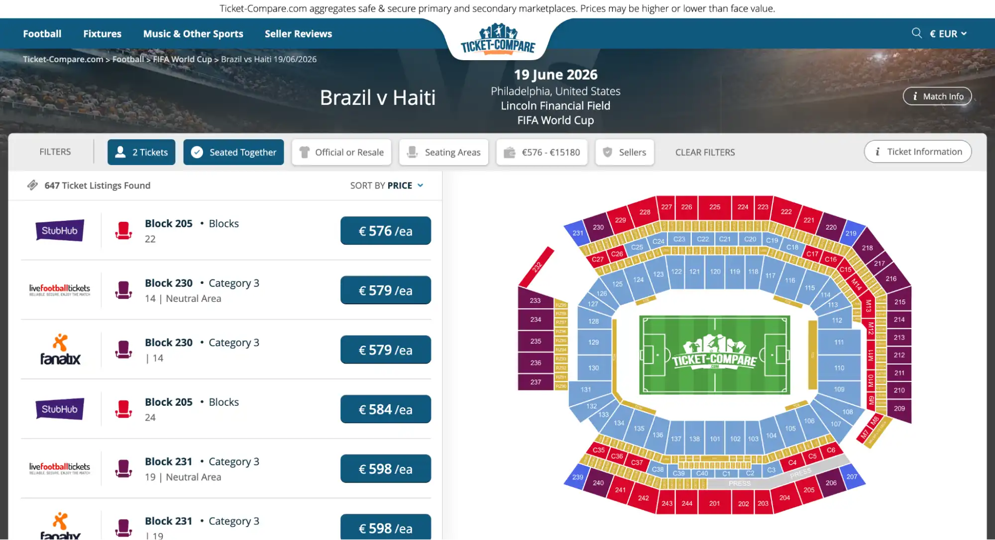 screenshot van Brazilie vs Haiti kaartenpagina op ticket-compare.com