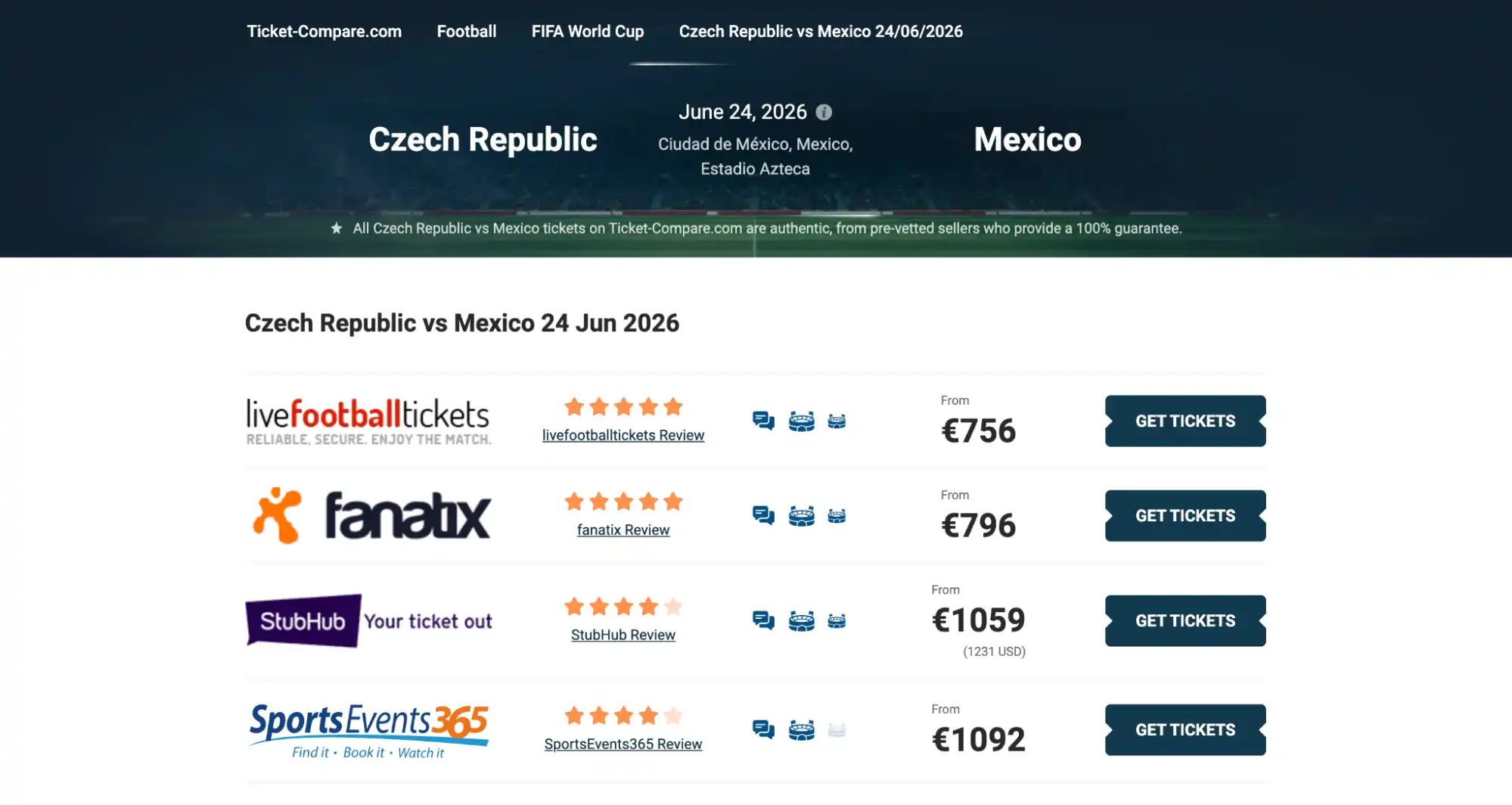 screenshot van Tsjechië vs Mexico tickets pagina