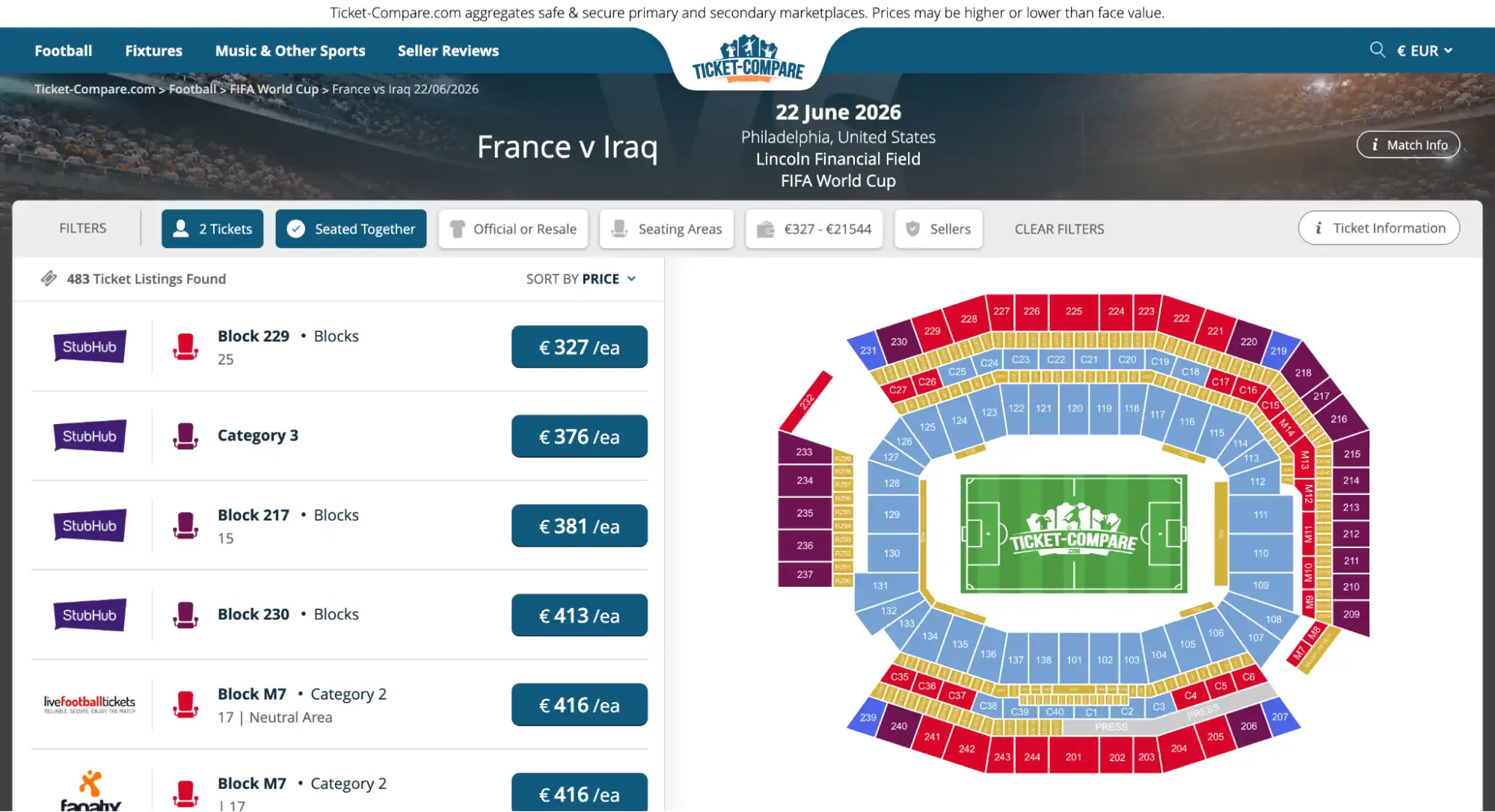 screenshot van het Frankrijk vs Irak kaarten vergelijkingsplatform