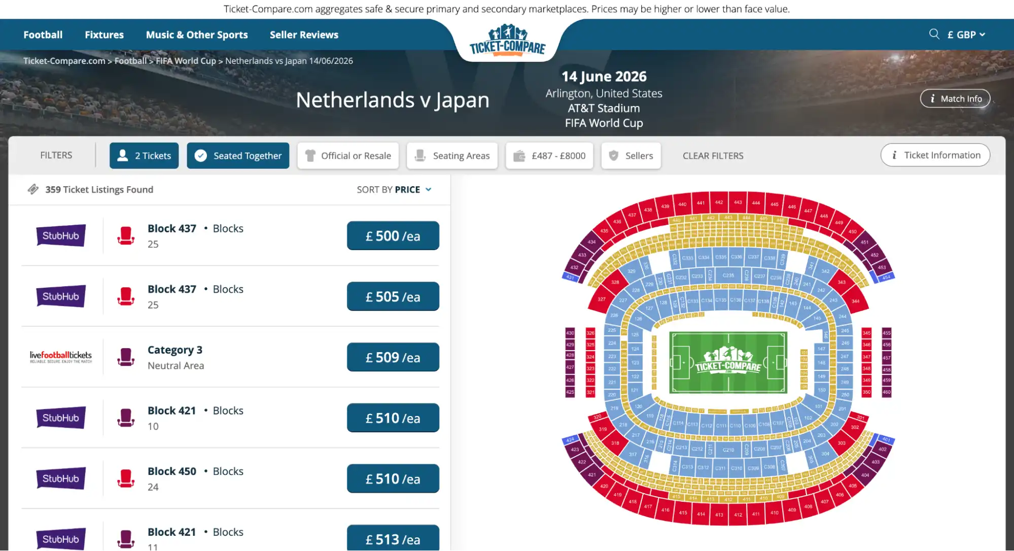 screenshot Nederland vs Japan ticketpagina