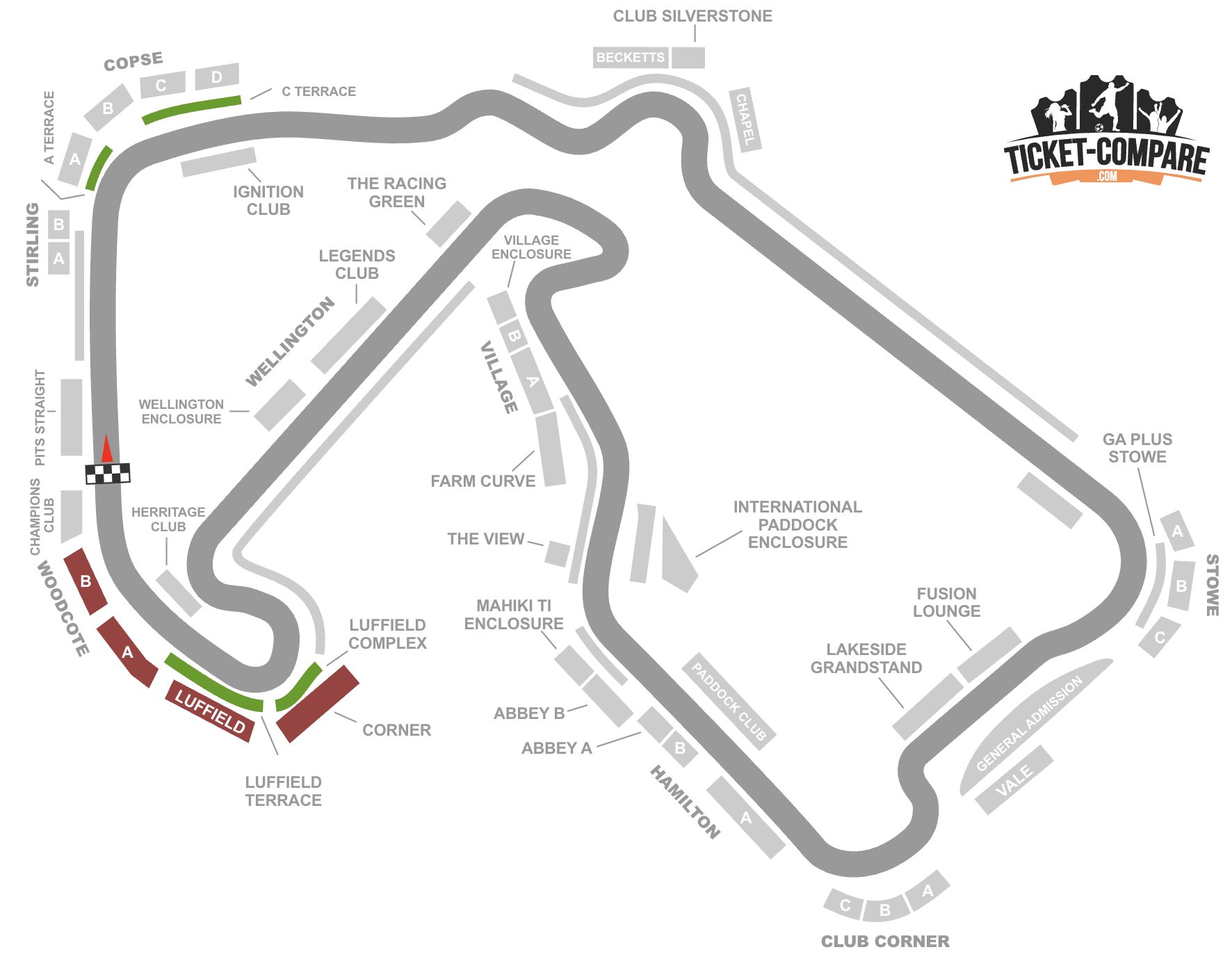 screenshot Silverstone seating plan met Luffield/Woodcote tribunes highlighted