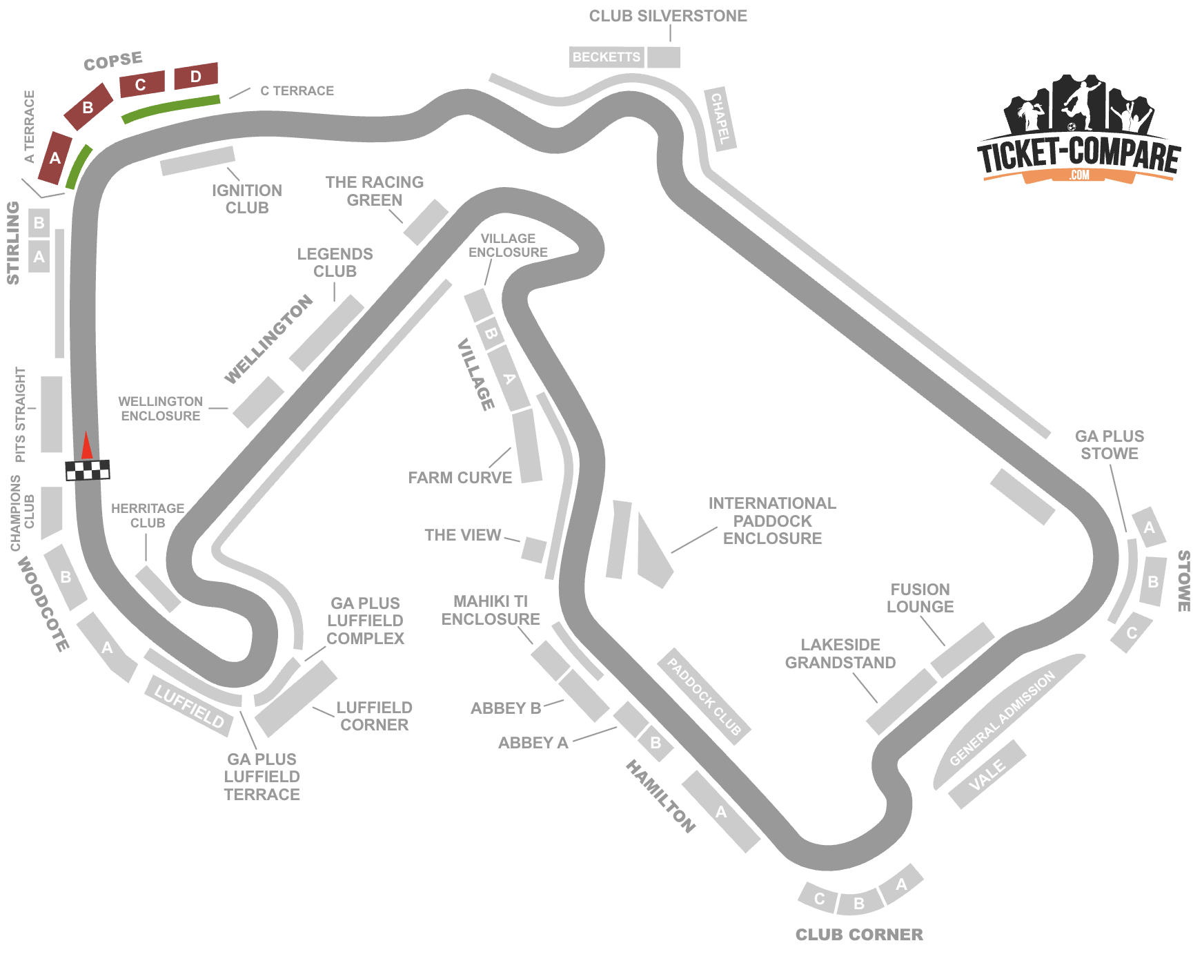 screenshot Silverstone seating plan met Copse tribunes highlighted