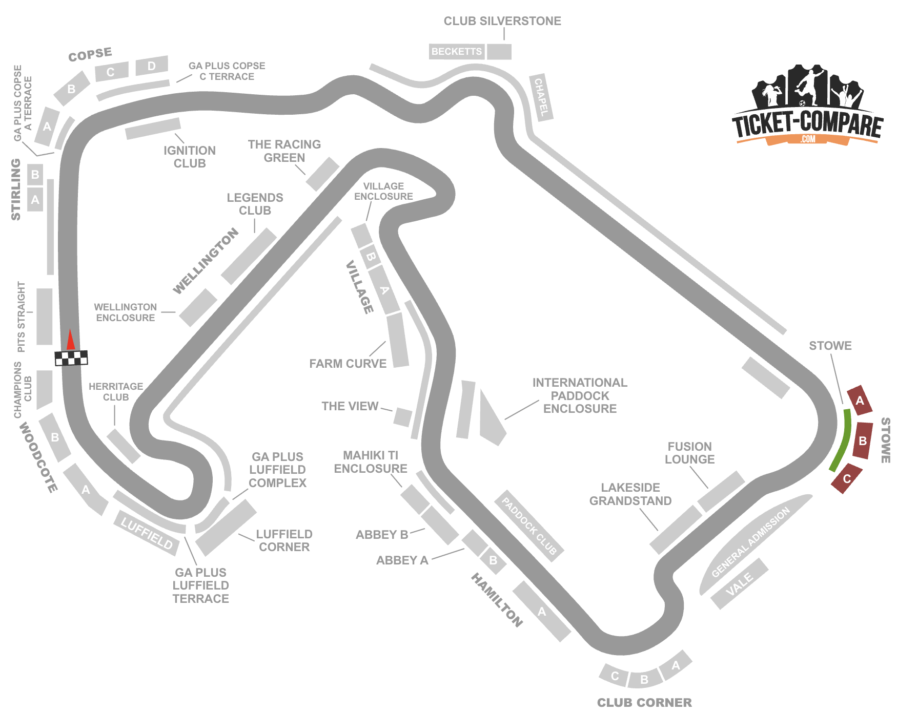 screenshot Silverstone seating plan met Stowe tribunes highlighted