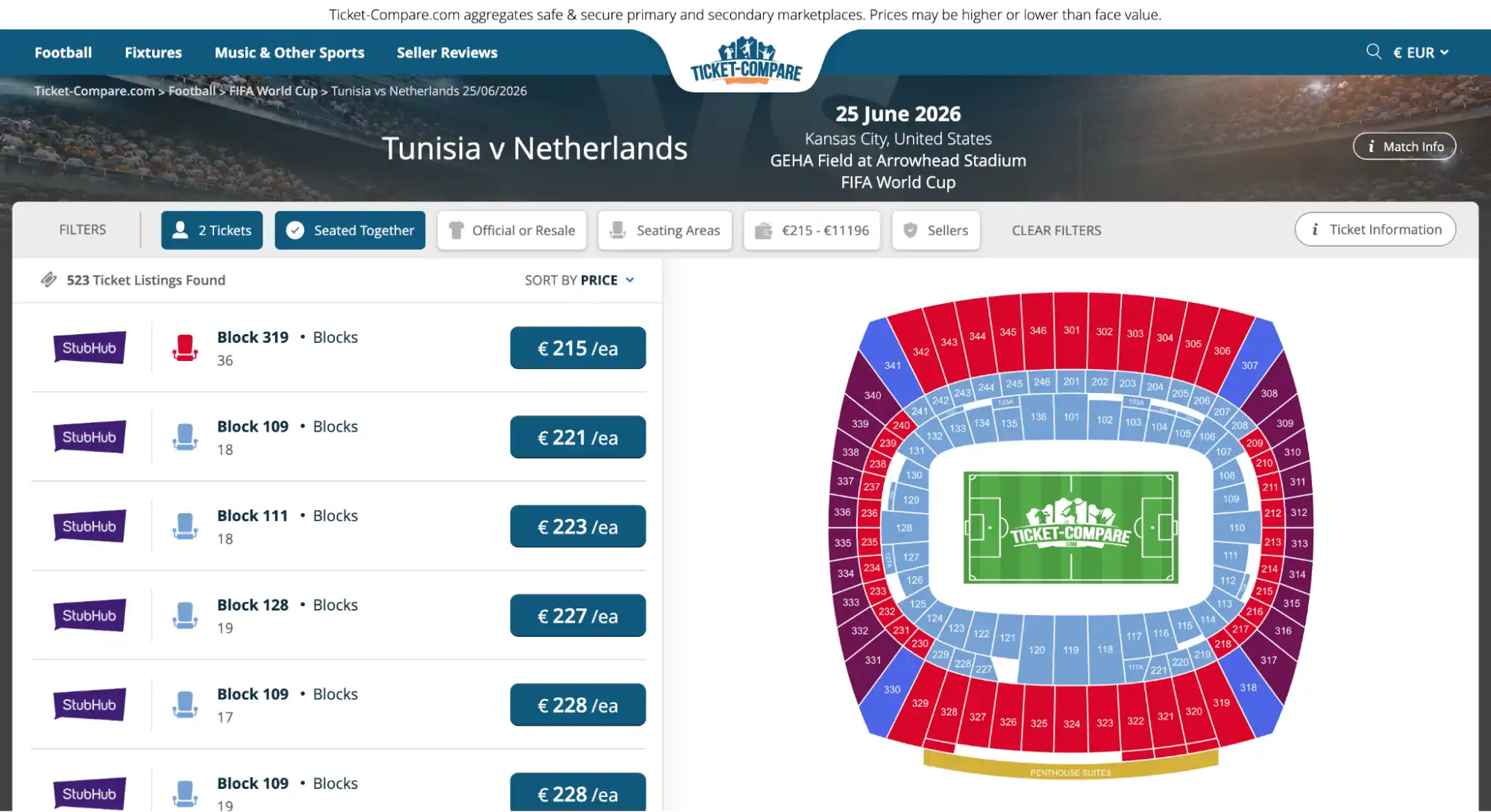 screenshot van Tunesië vs Nederland tickets