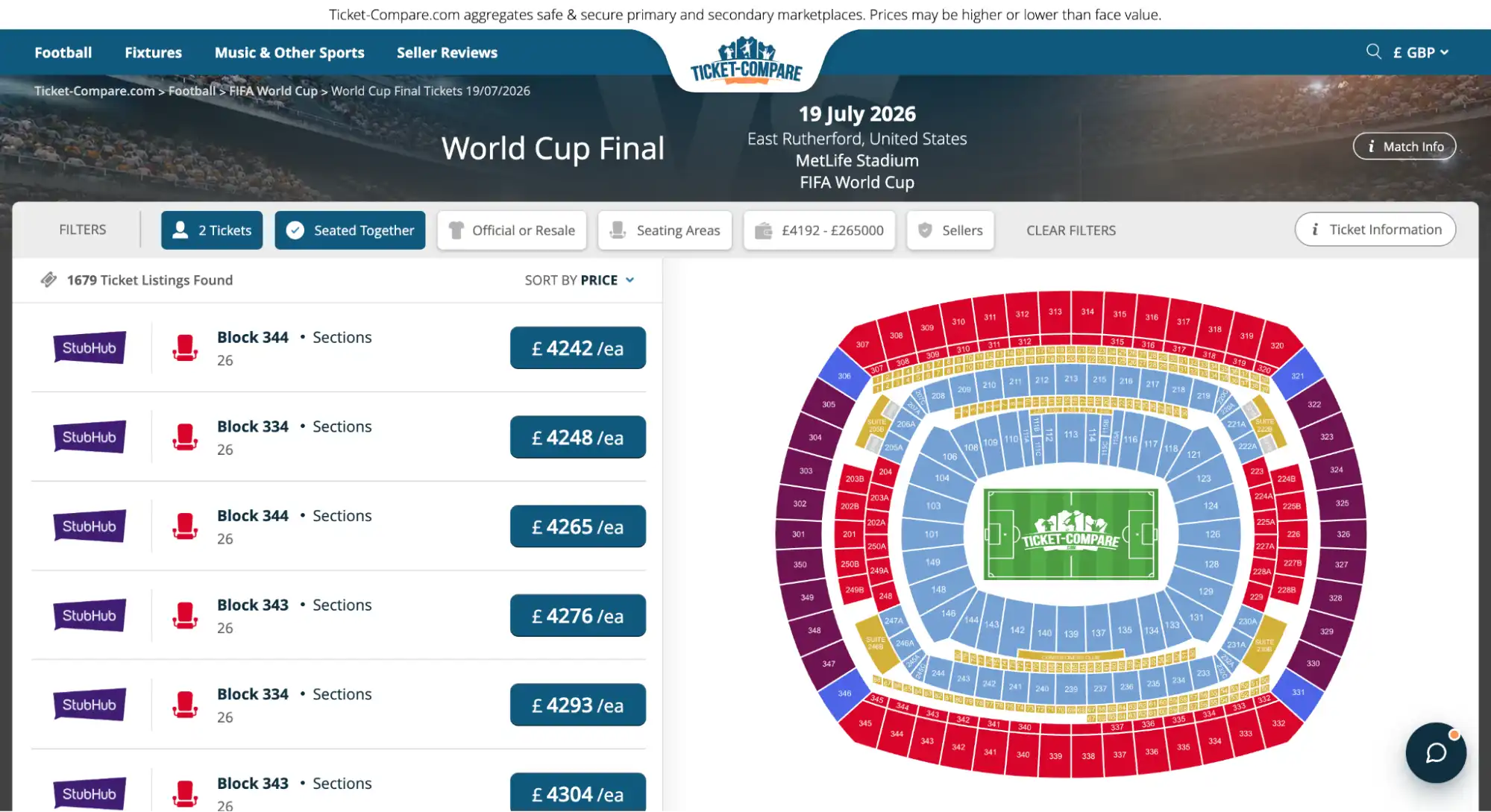 screenshot van World Cup Finale kaarten overzicht