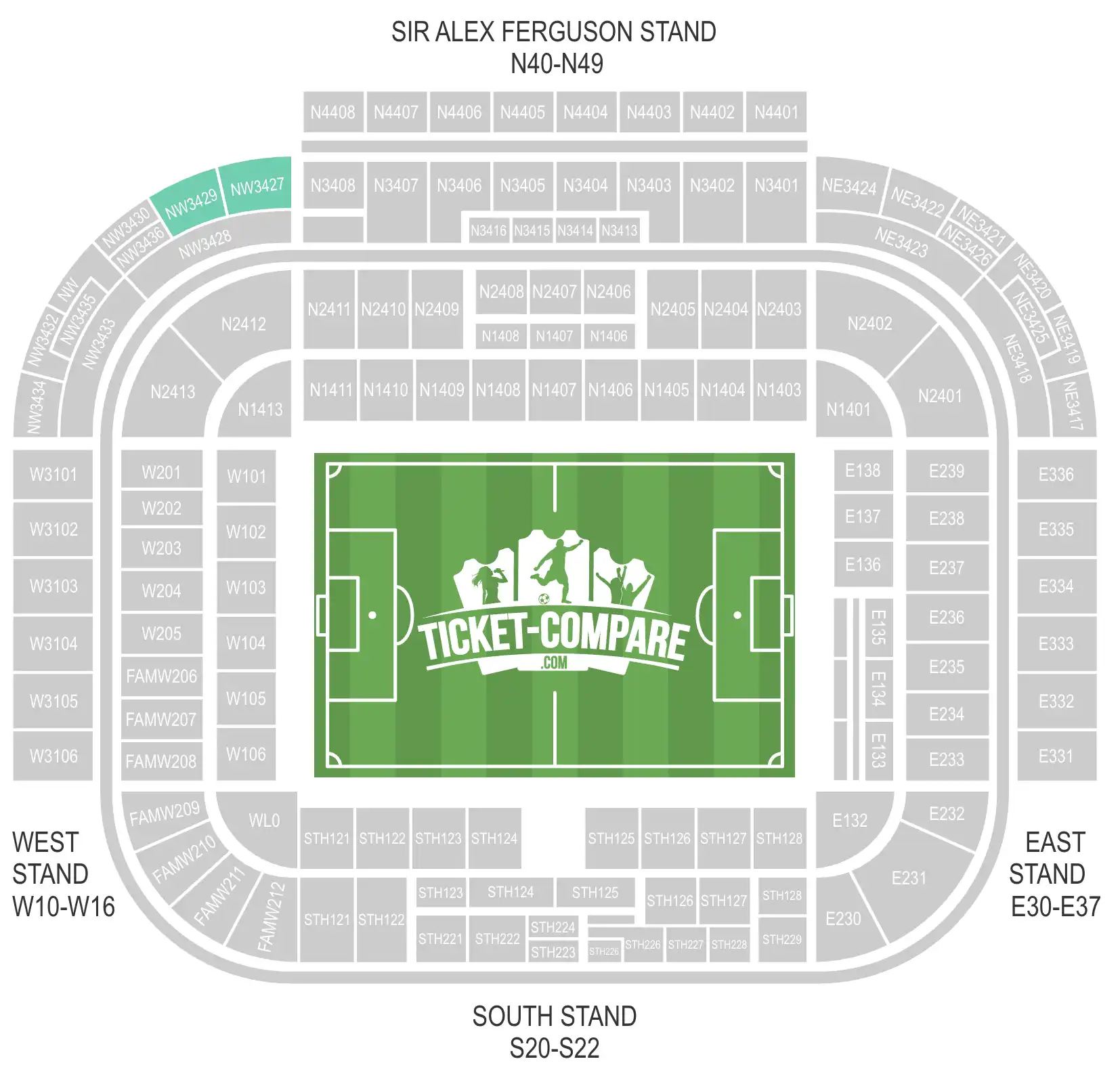 Screenshot of Old Trafford Seating plan with blocks NW3427 and NW3429 highlighted
