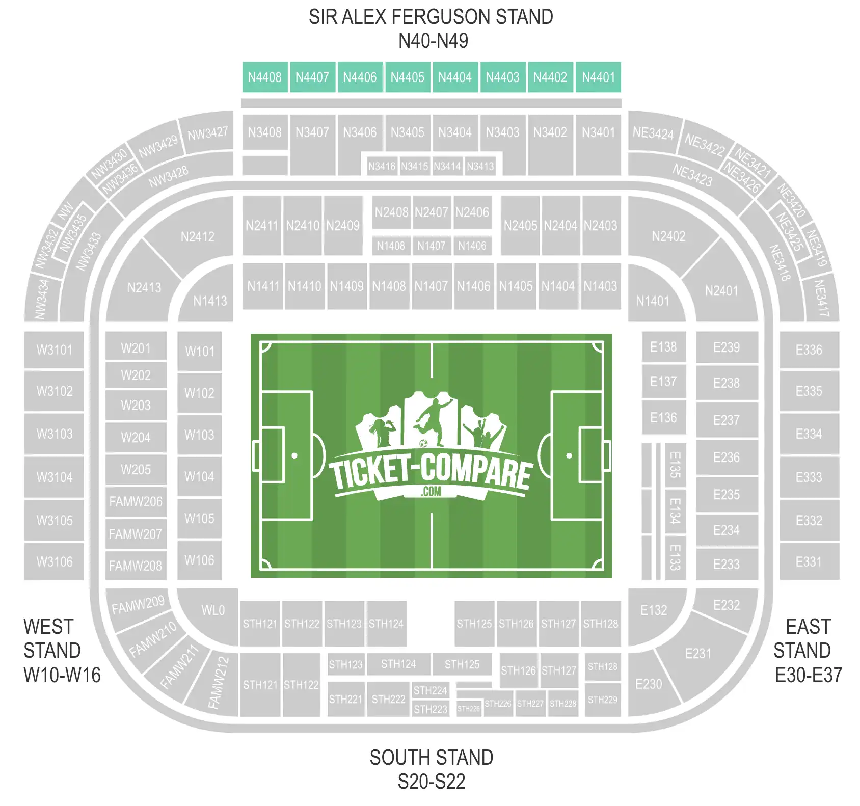 Screenshot of Old Trafford Seating plan with blocks from N4401 to N4408 highlighted