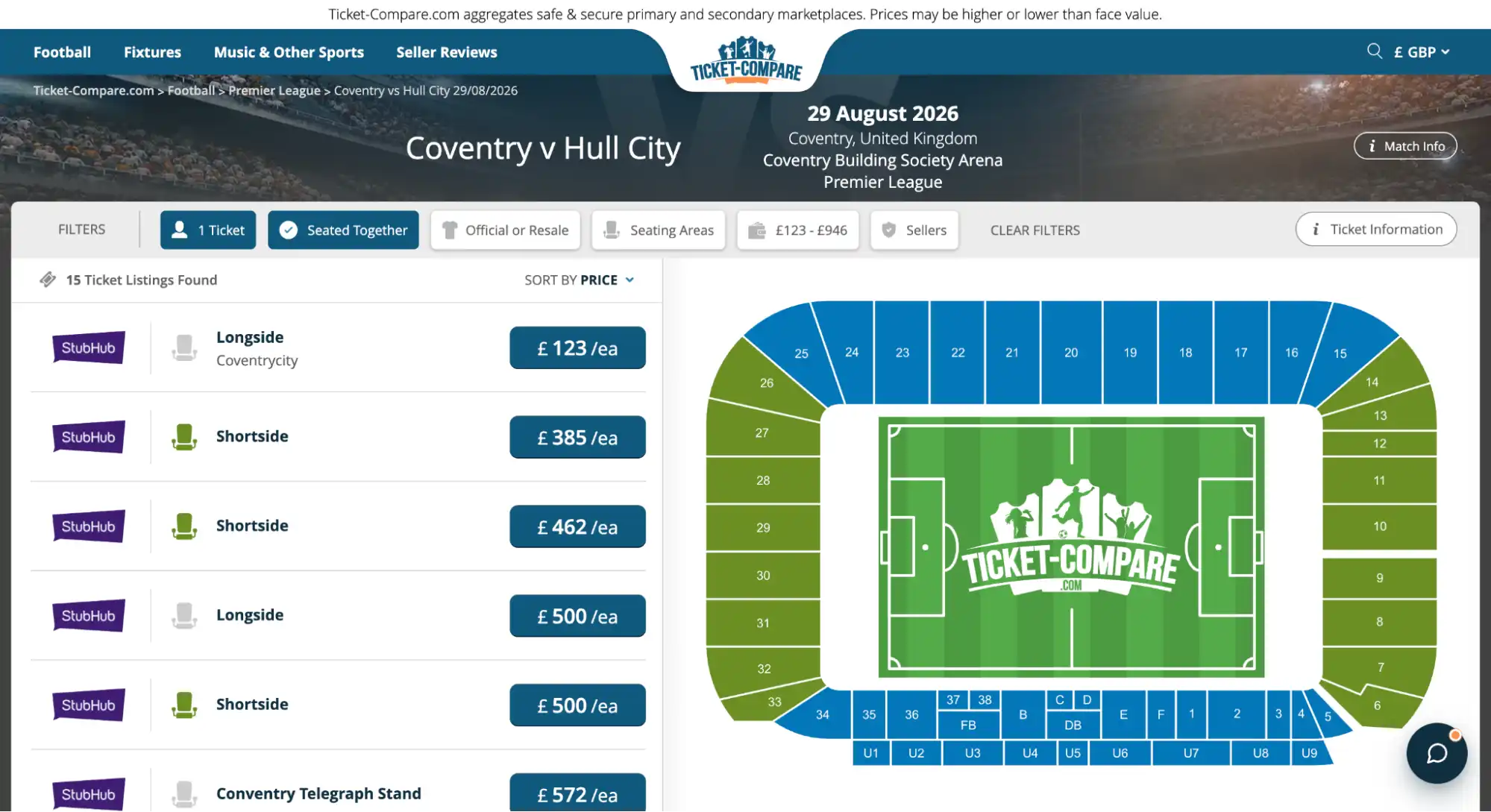 screenshot van Coventry vs Hull City tickets