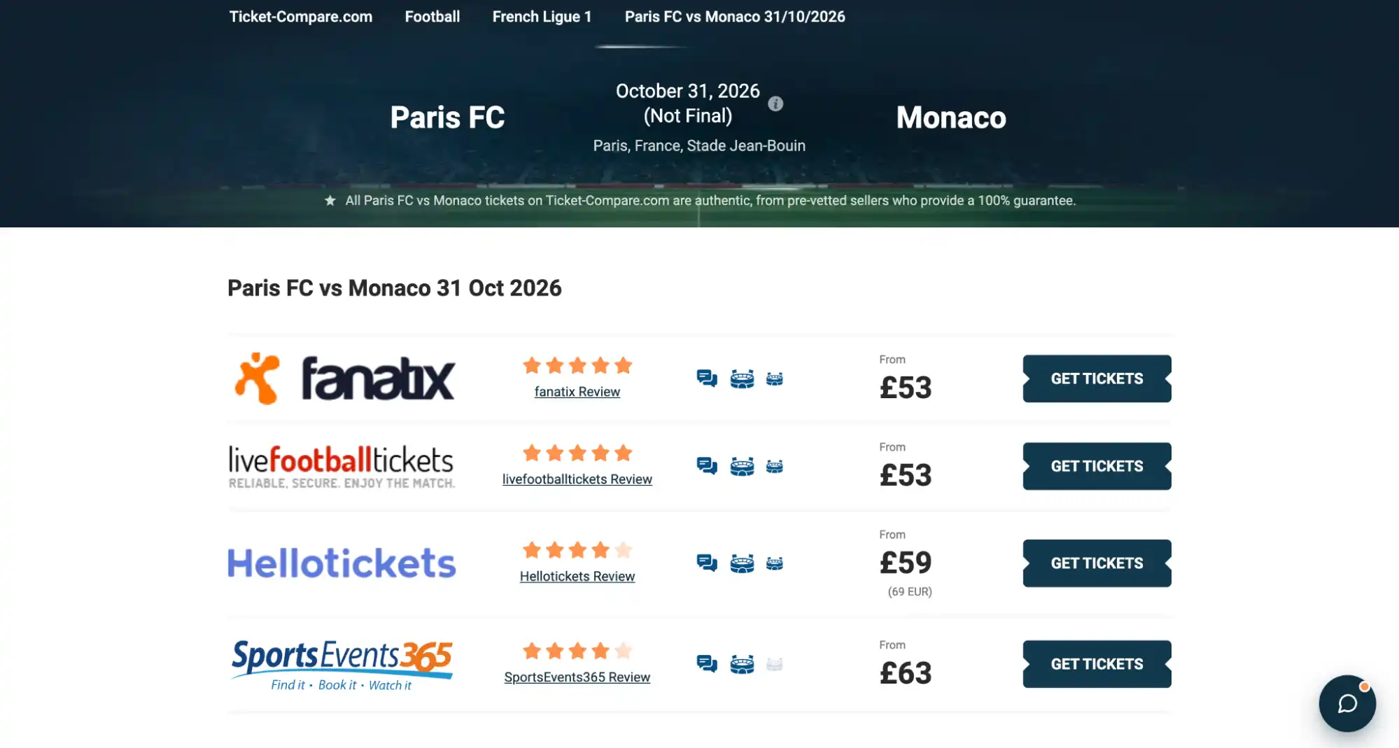 Paris FC vs Monaco kaarten