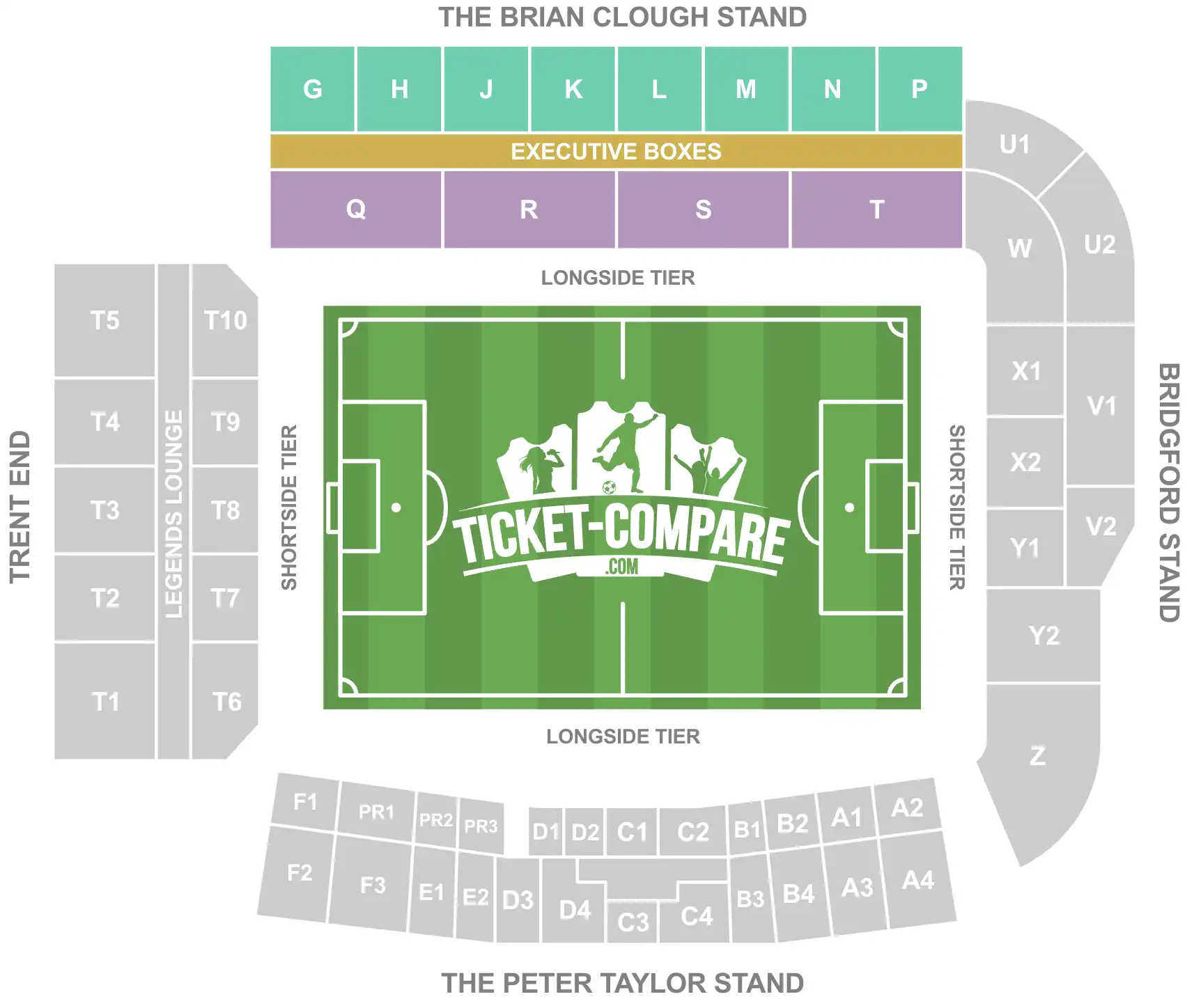 Screenshot van City Ground stadion zitplan met Brian Clough stand uitgelicht