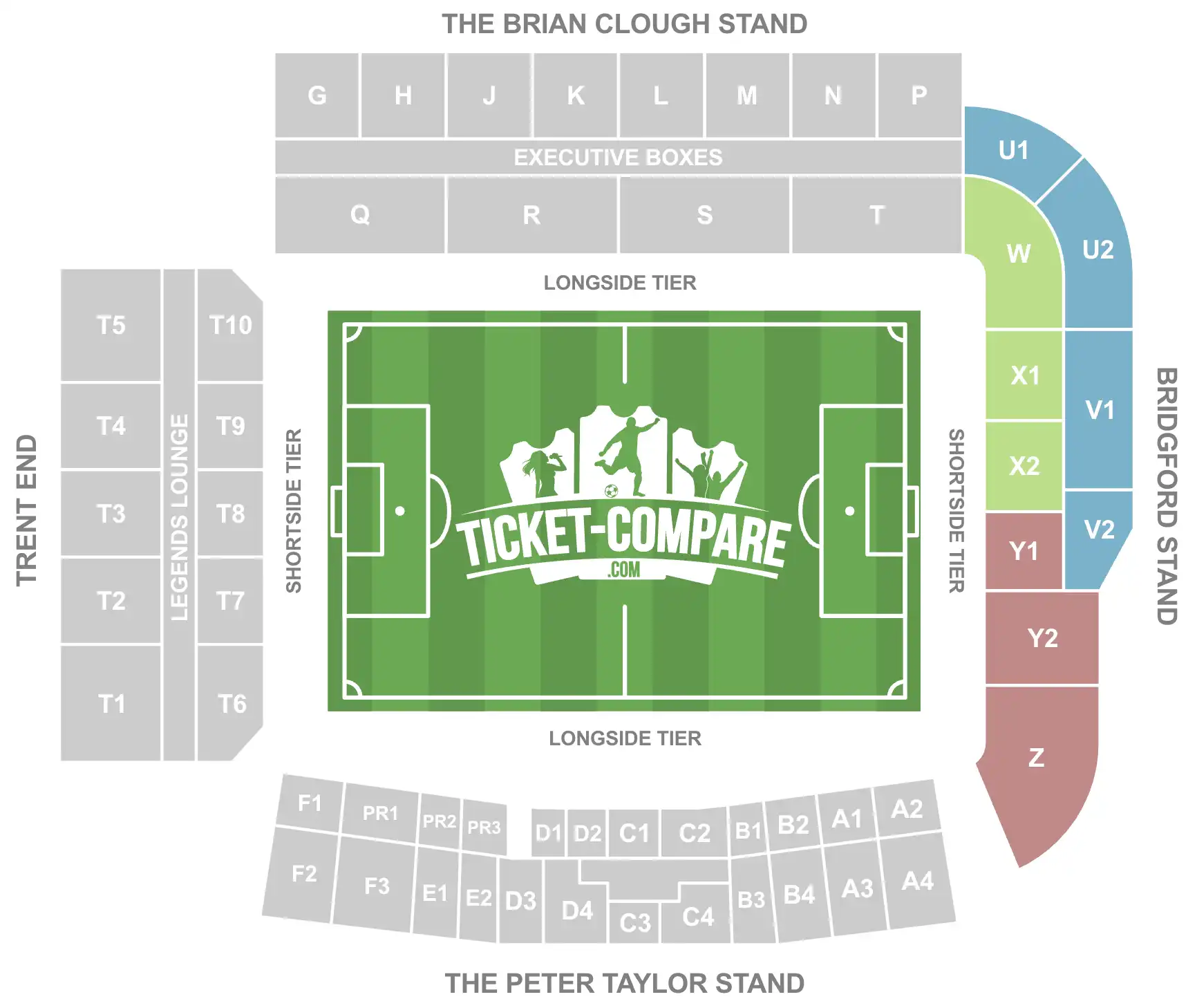Screenshot van City Ground stadion zitplan met John Robertson stand uitgelicht