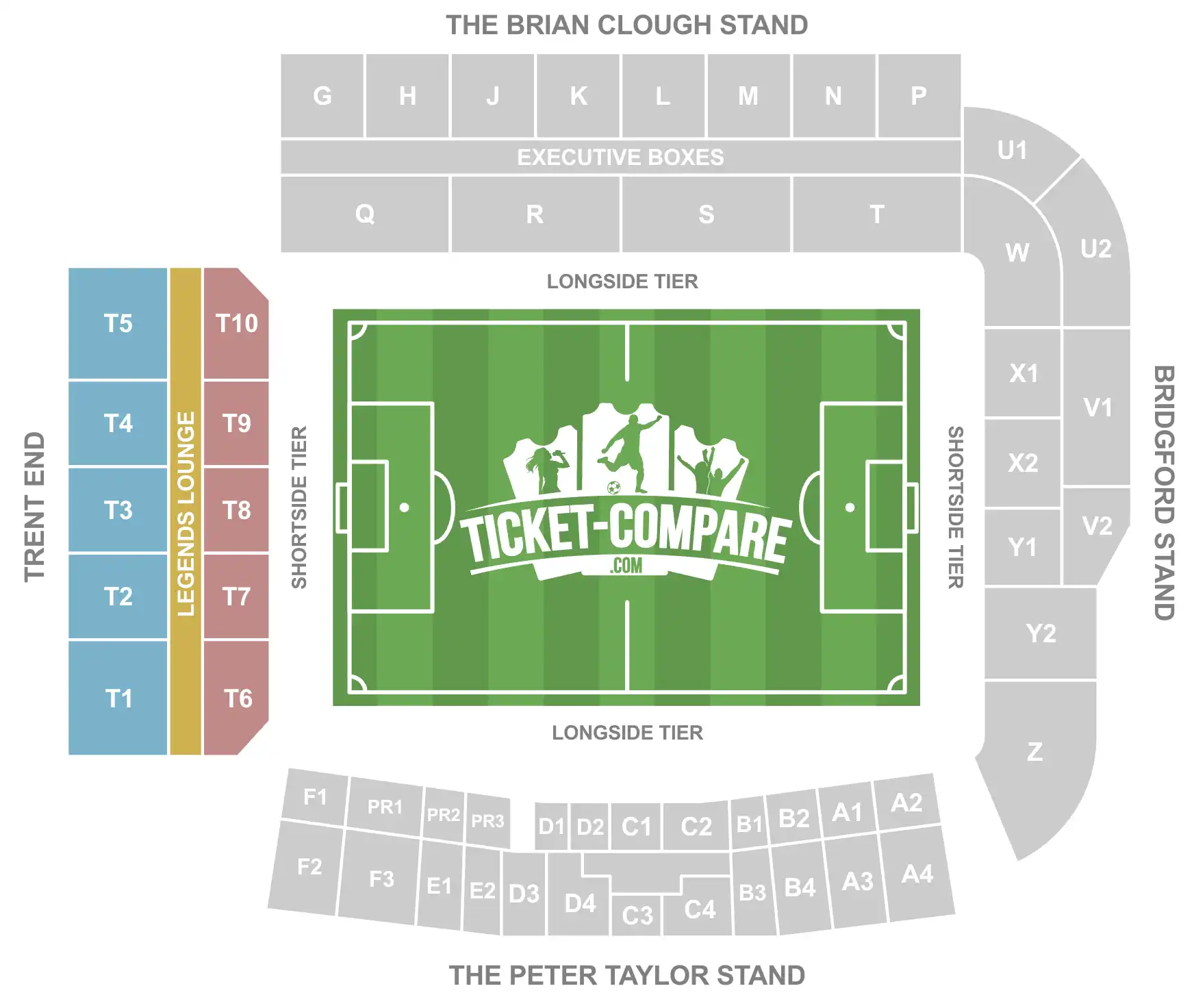 Screenshot van City Ground stadion zitplan met Trent End uitgelicht