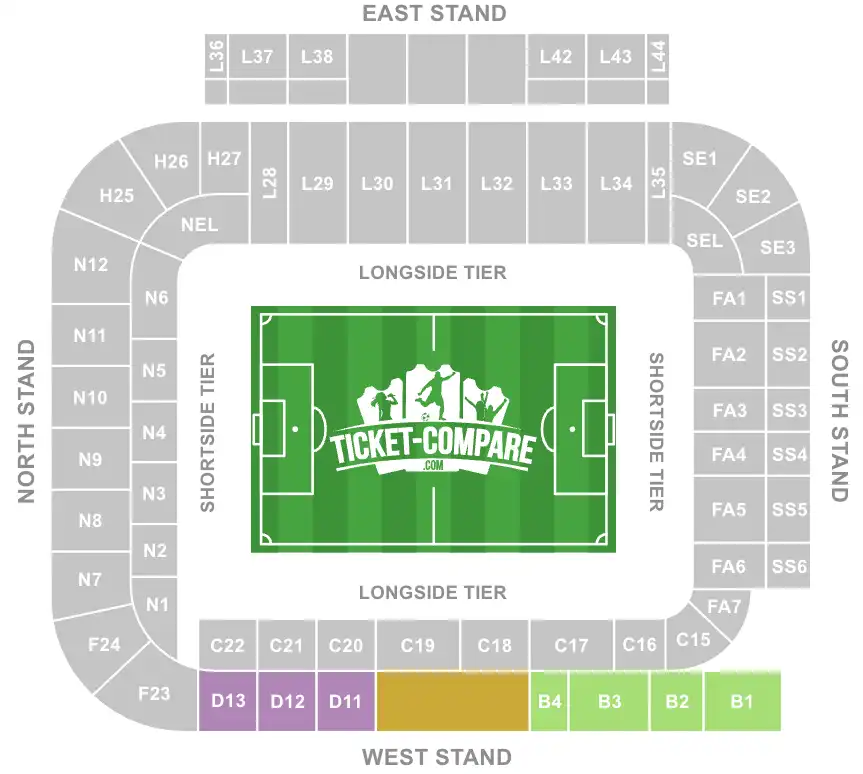 Elland Road Seating plan met B1-D13 gemarkeerd