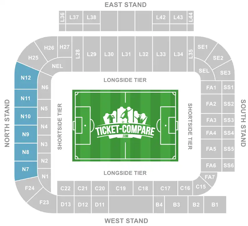Elland Road Seating plan met N7-N12 gemarkeerd
