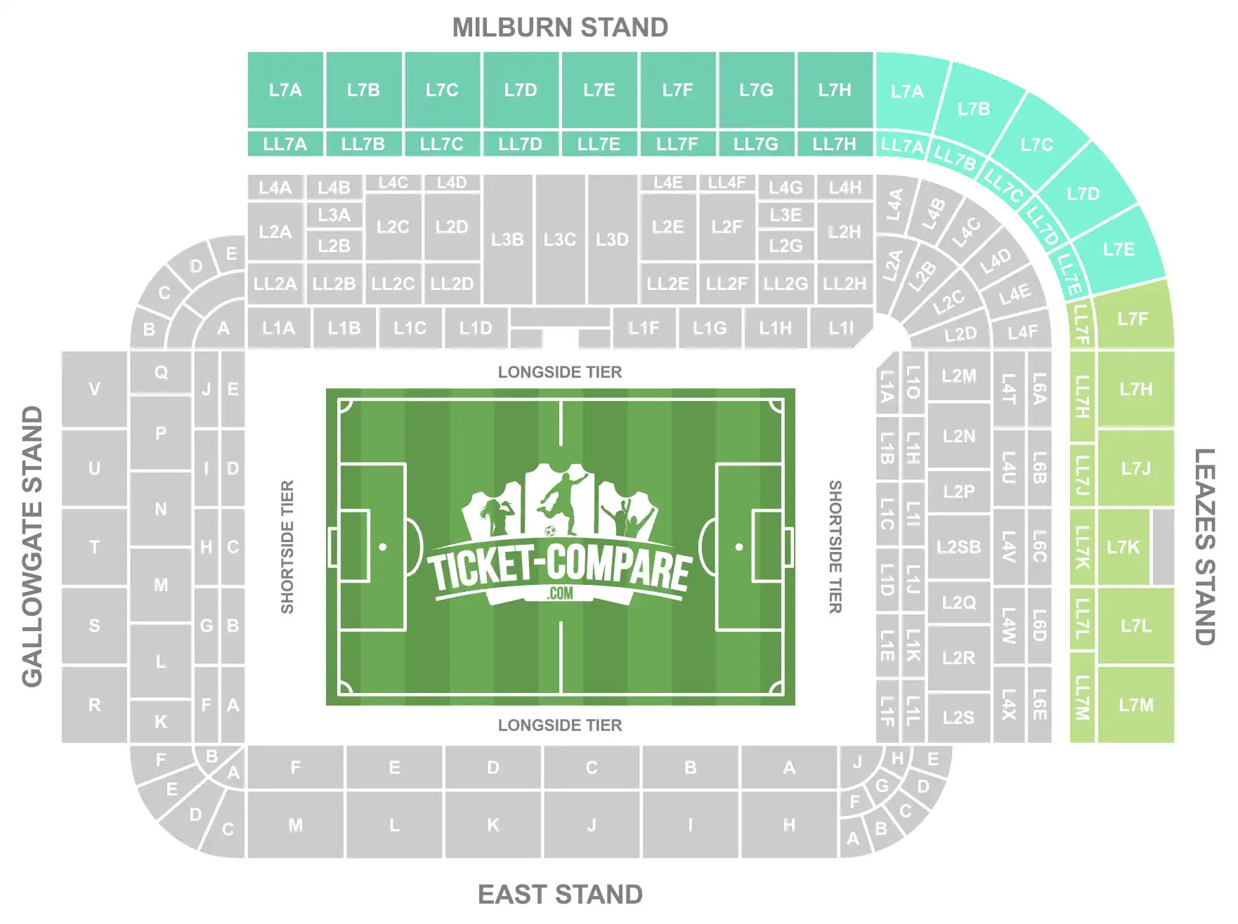 Screenshot van St James’ Park stadion plattegrond met L7 en LL7 blokkades gemarkeerd