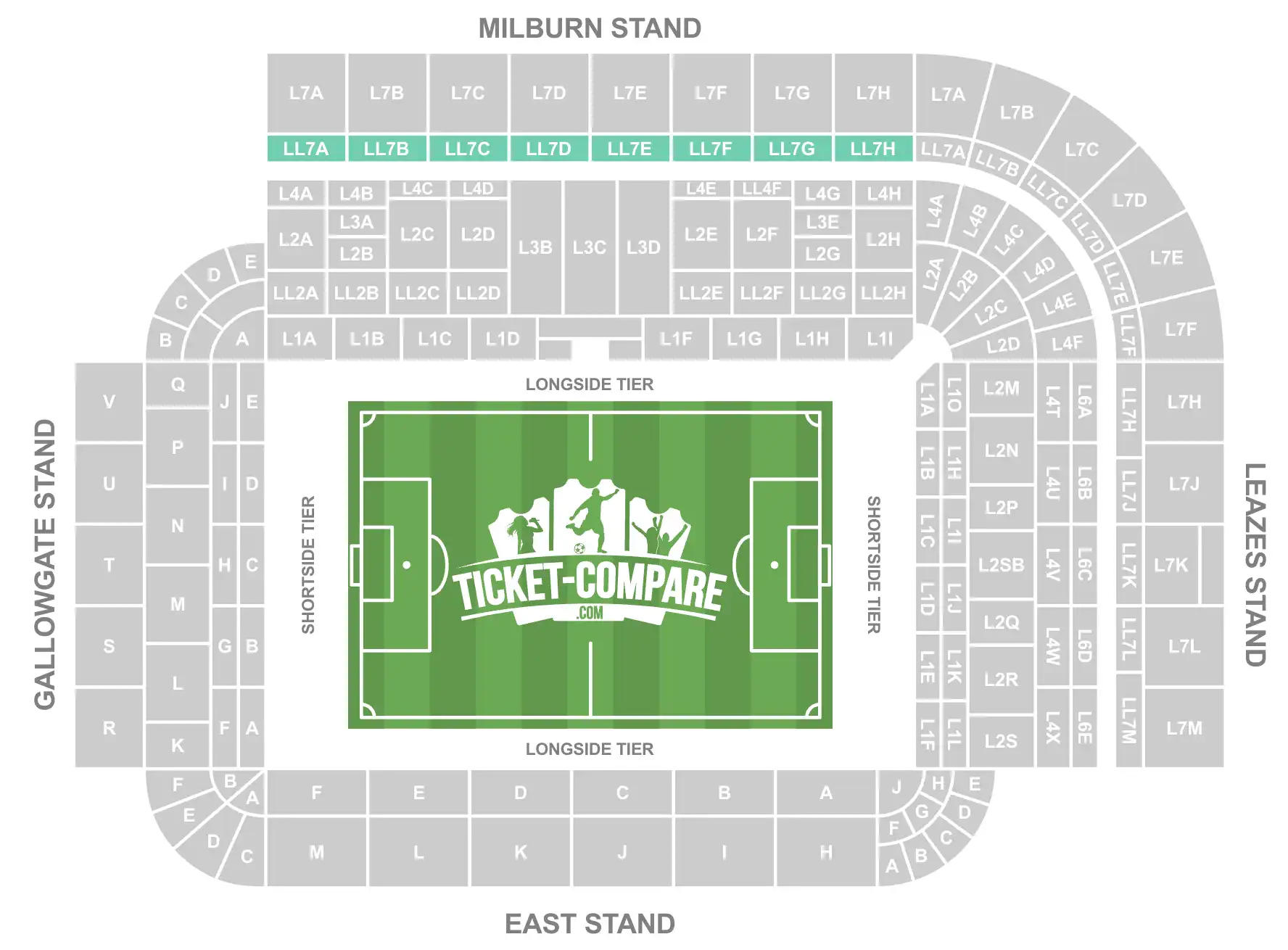 Screenshot stadionplattegrond St James’ Park met LL7A–LL7H gemarkeerd