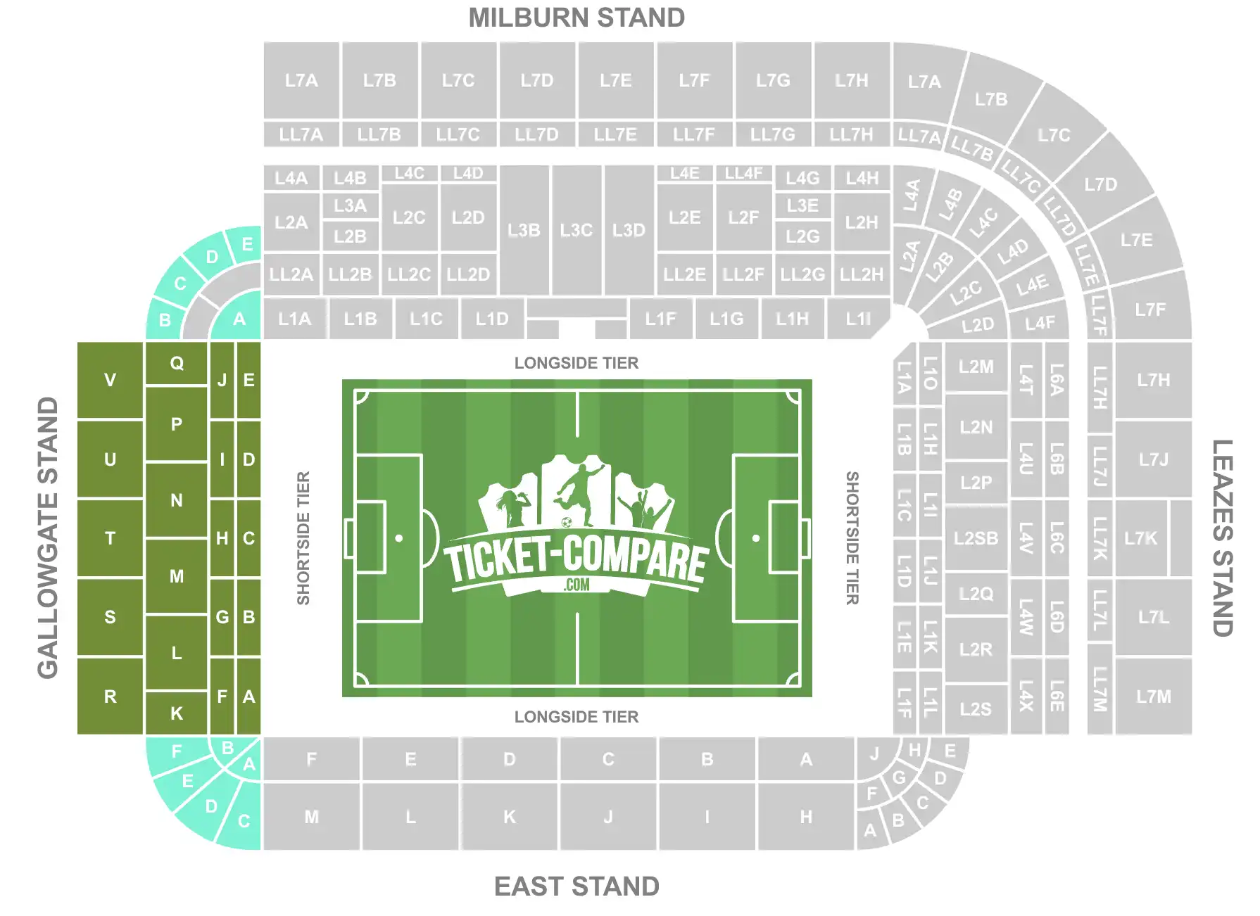 Screenshot van stadion plattegrond met Gallowgate Stand gemarkeerd