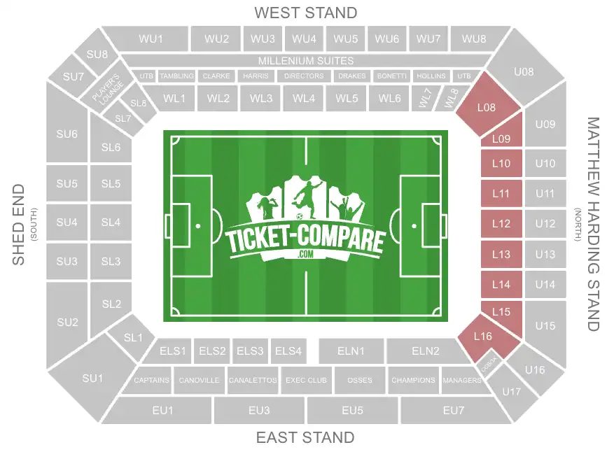 Screenshot of Stamford Bridge Seating Plan met L08-L16 blokken