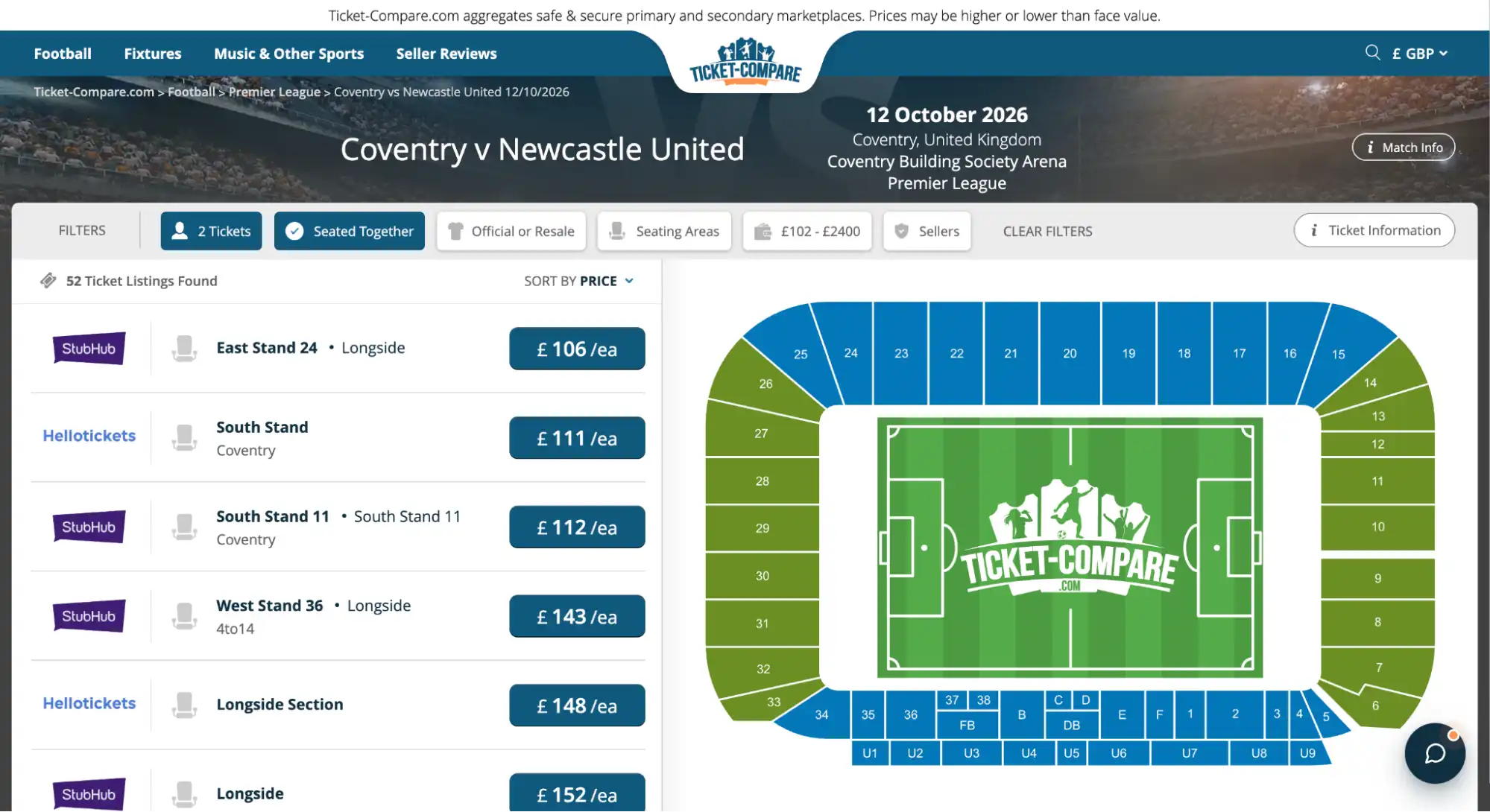 screenshot van Coventry v Newcastle United ticketpagina