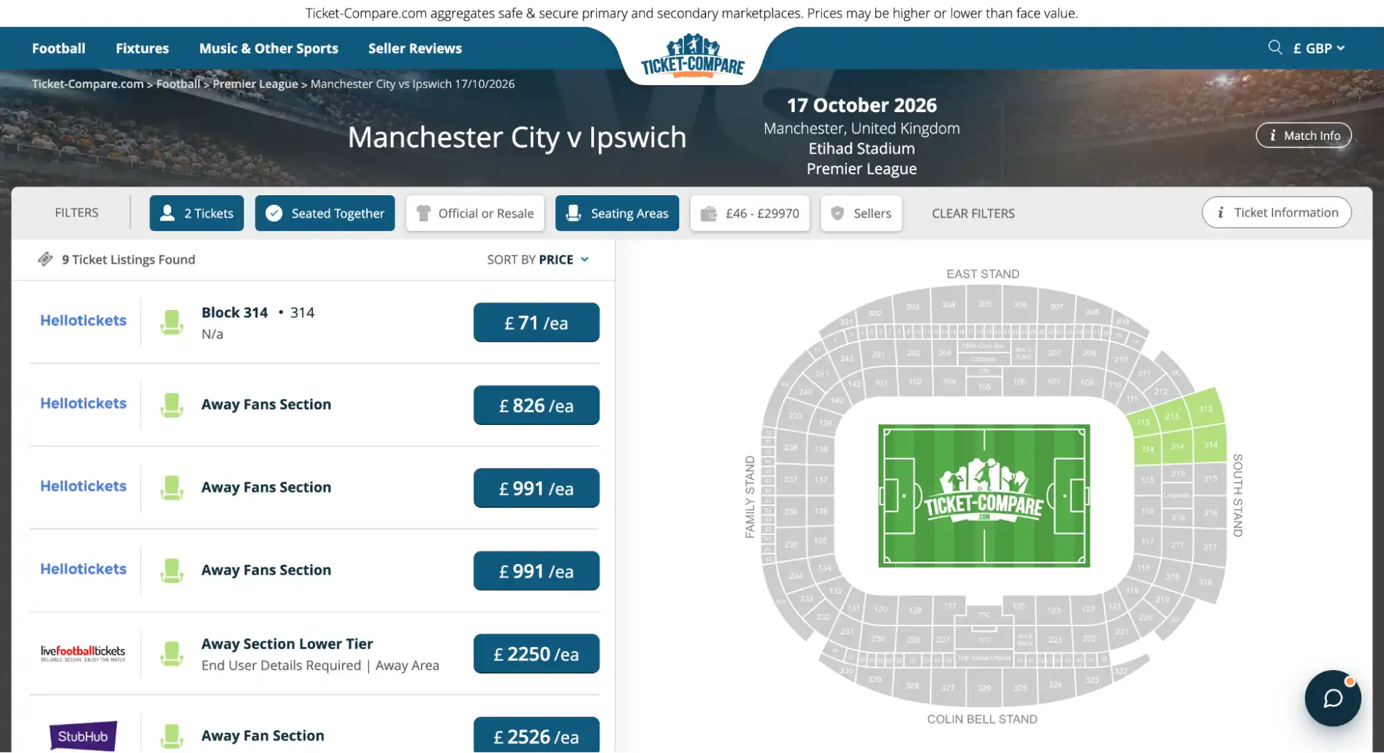 screenshot Manchester City v Ipswich kaartenpagina